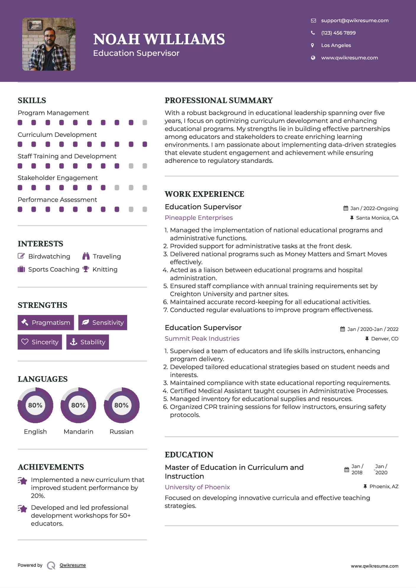 Education Supervisor Resume Example