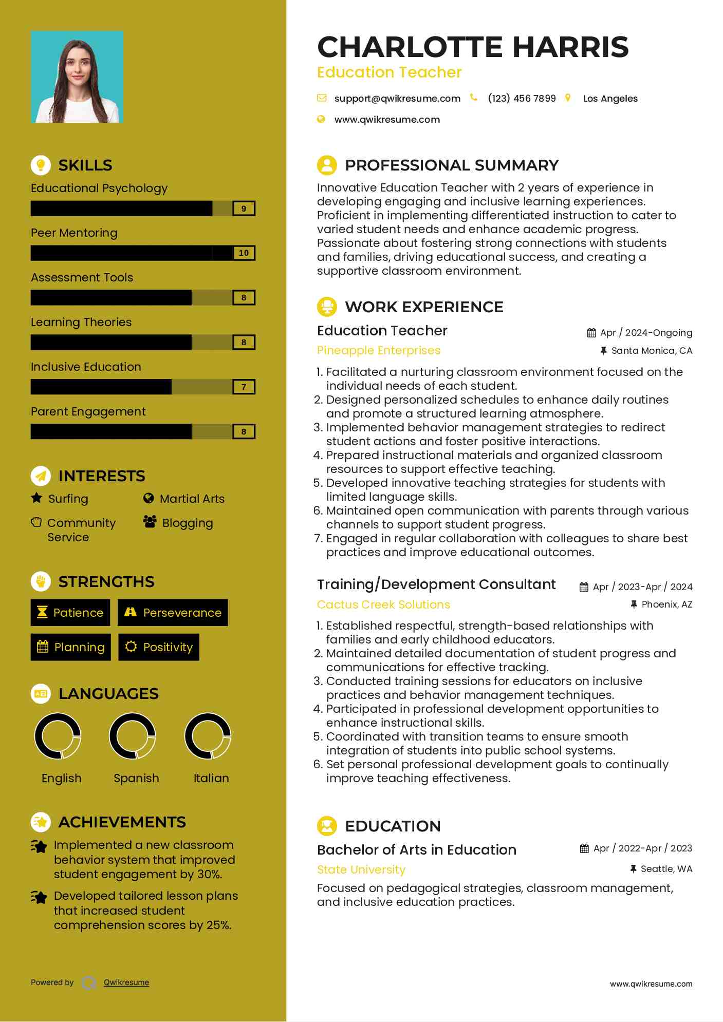 Education Teacher Resume Model