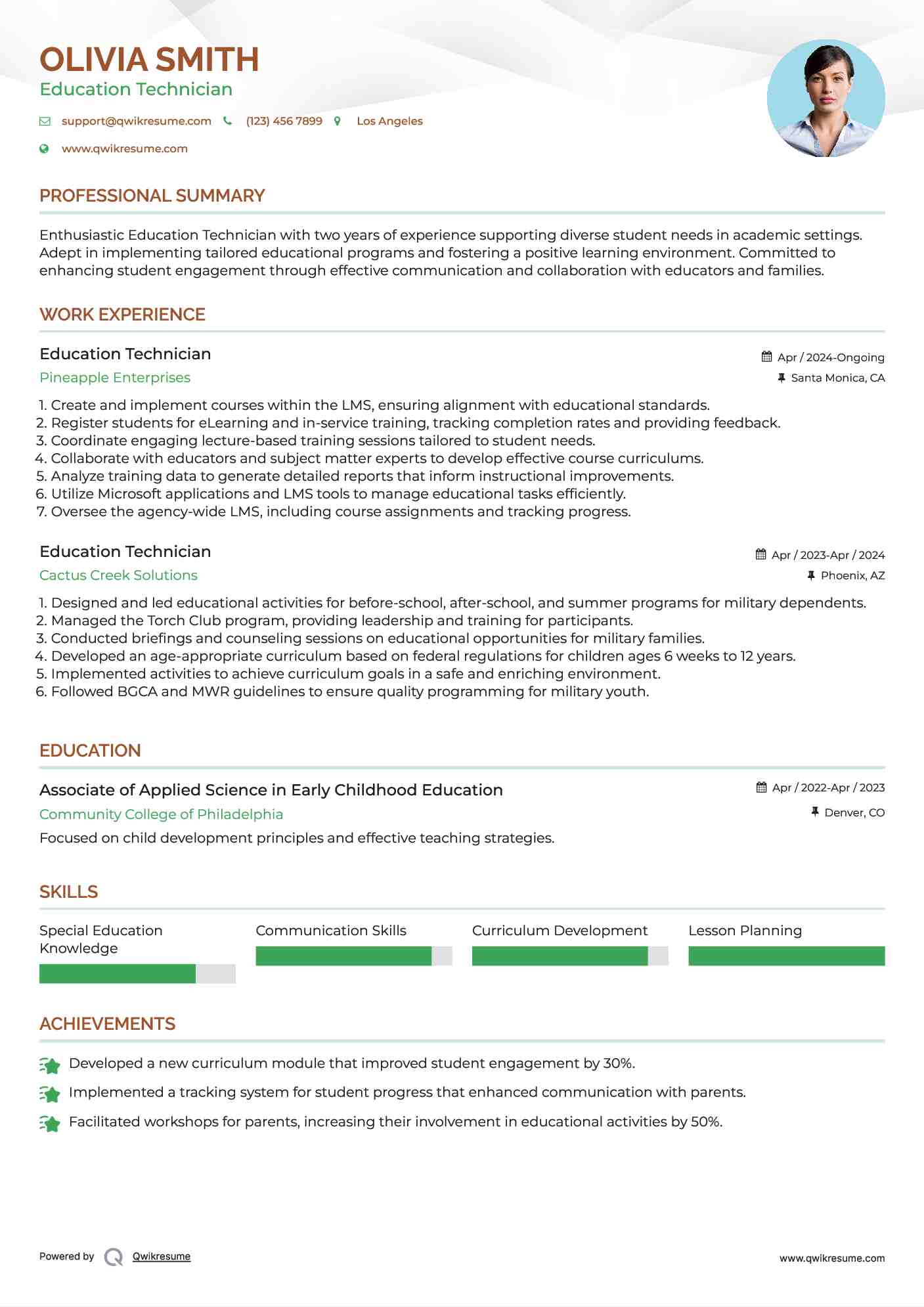 Education Technician Resume Format