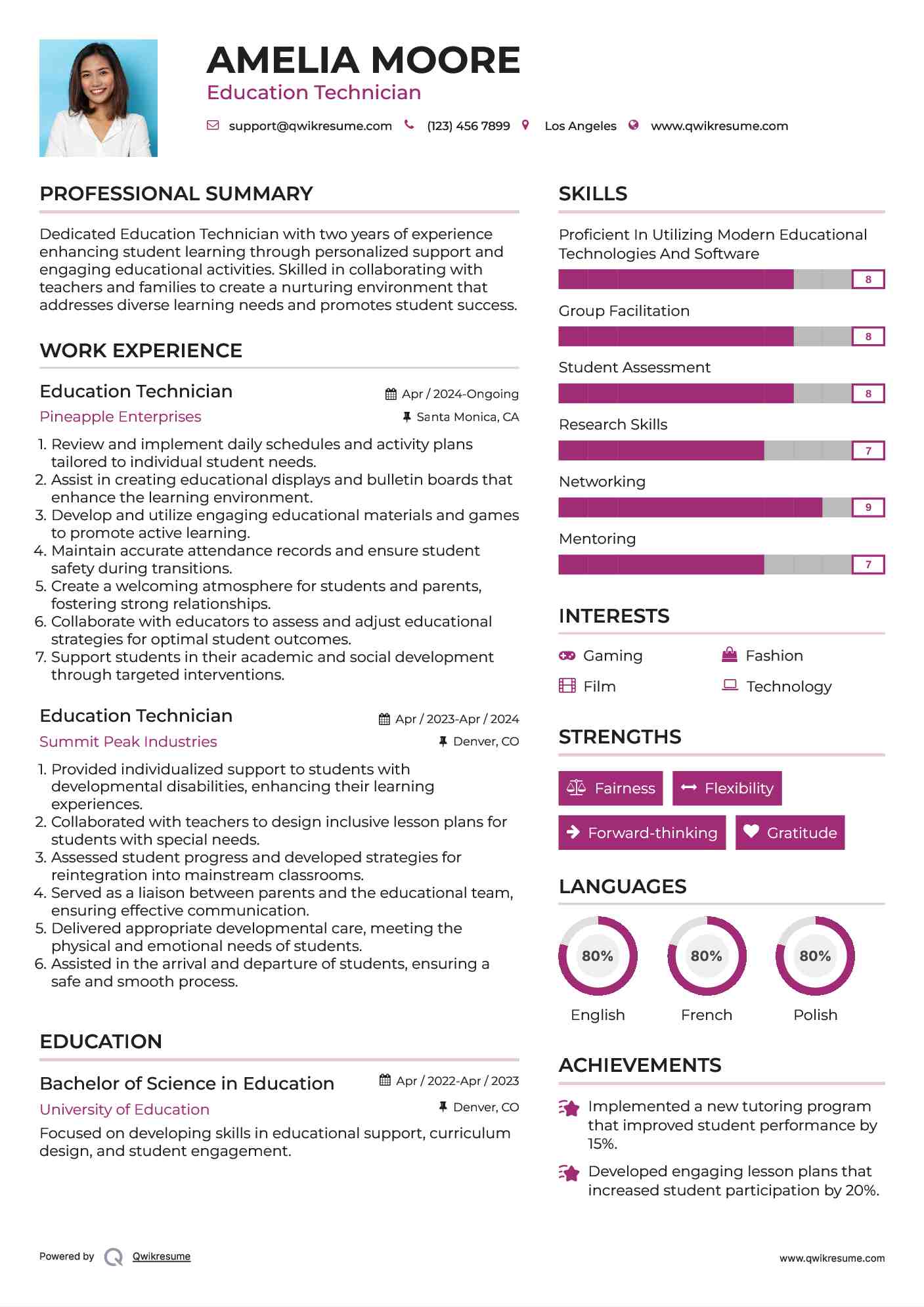 Education Technician Resume Model