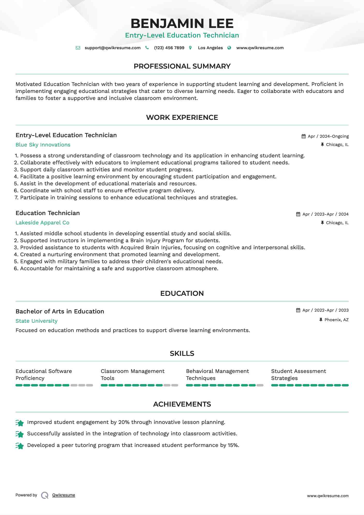 Entry-Level Education Technician Resume Format