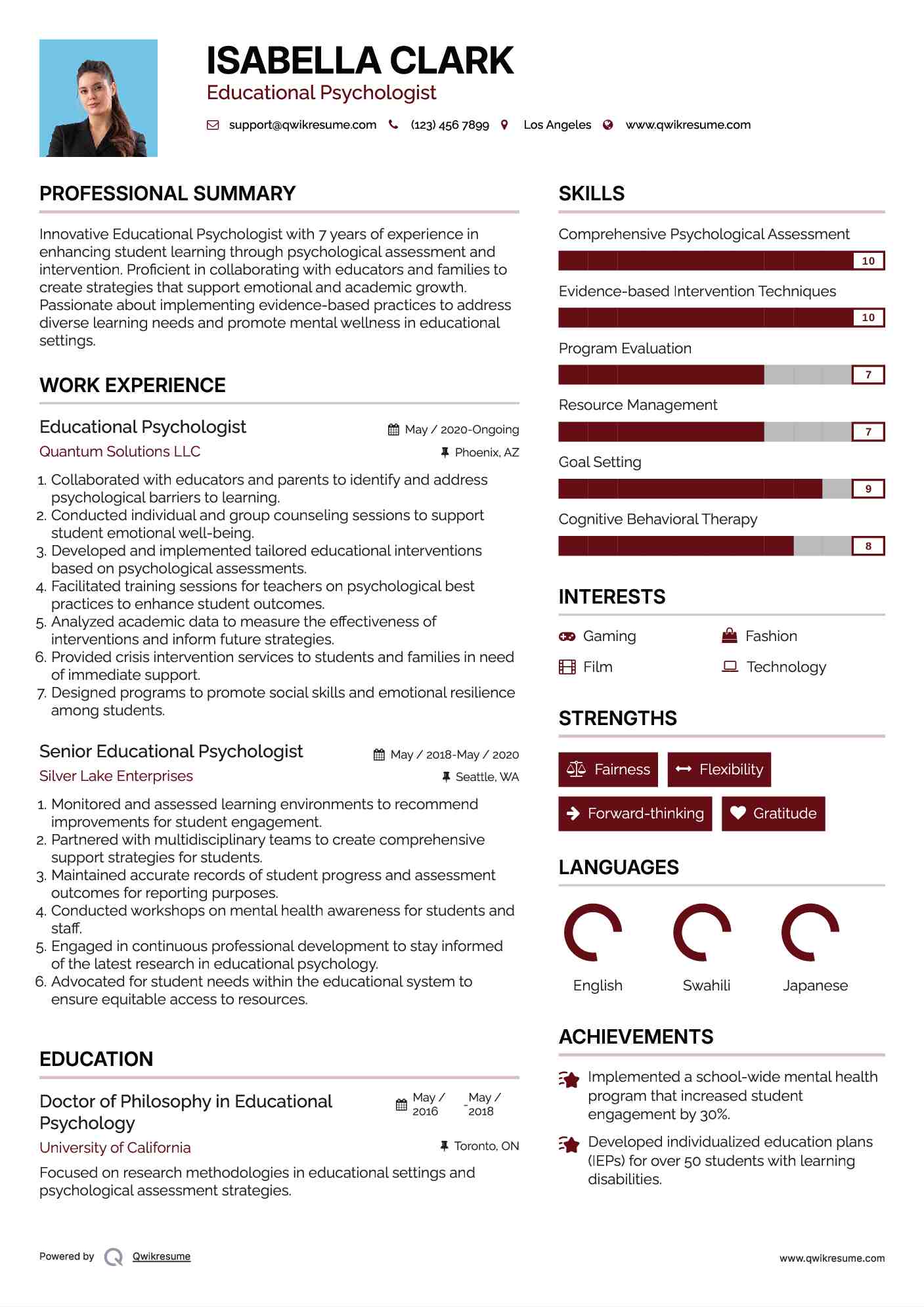 Educational Psychologist Resume Sample