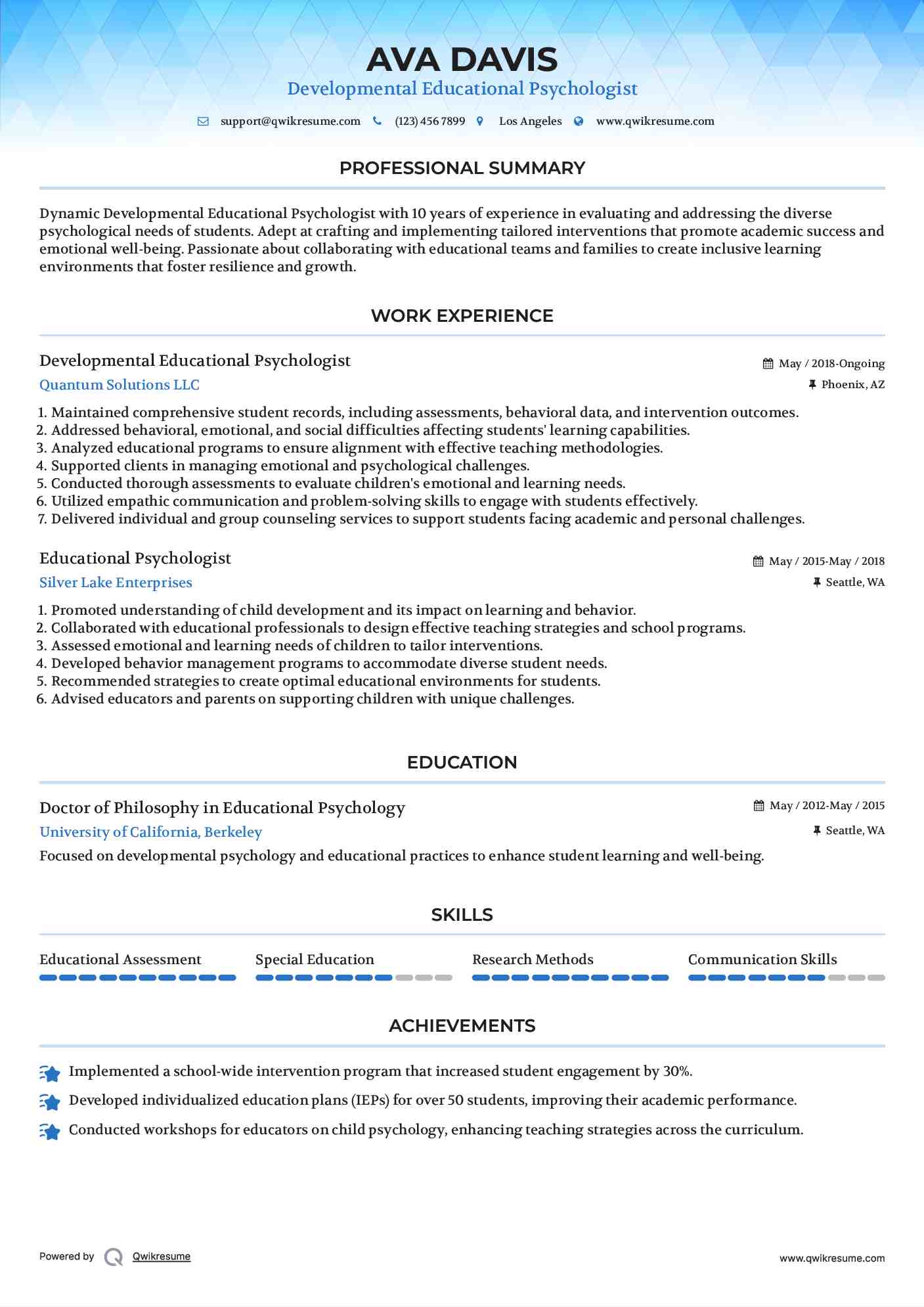 Developmental Educational Psychologist Resume Example