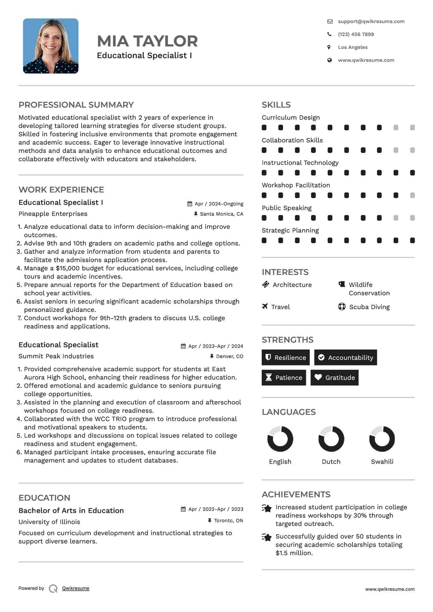 Educational Specialist I Resume Format