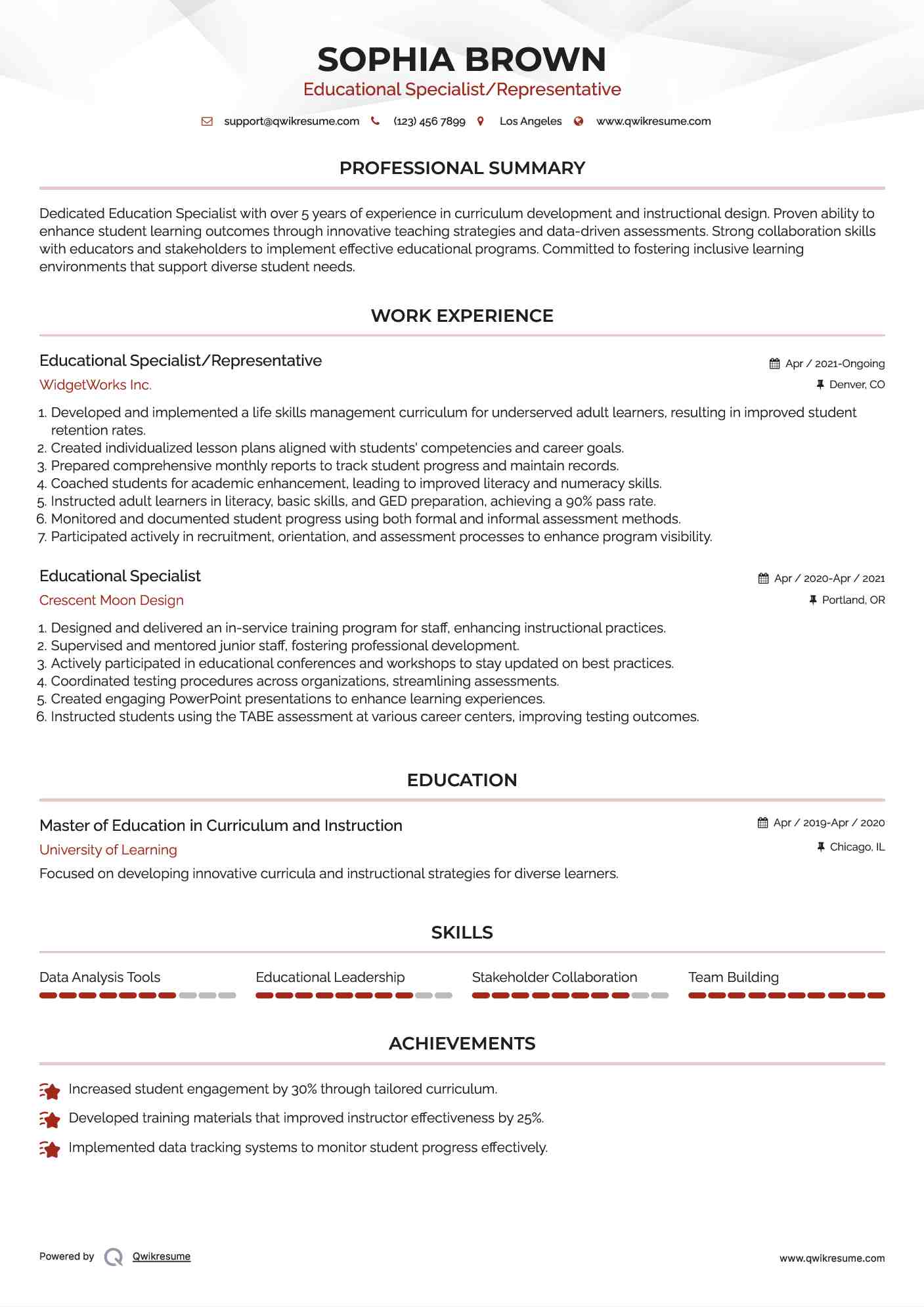 Educational Specialist/Representative Resume Format