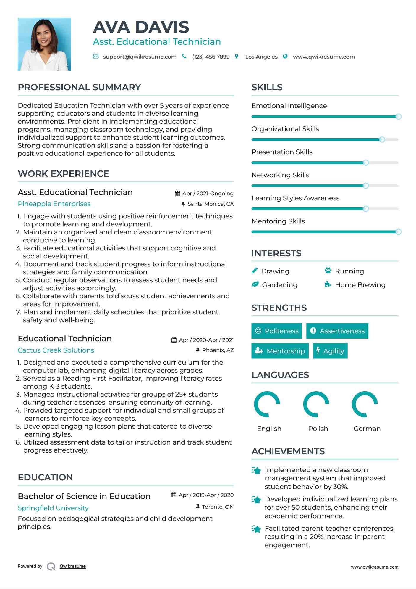 Asst. Educational Technician Resume Format