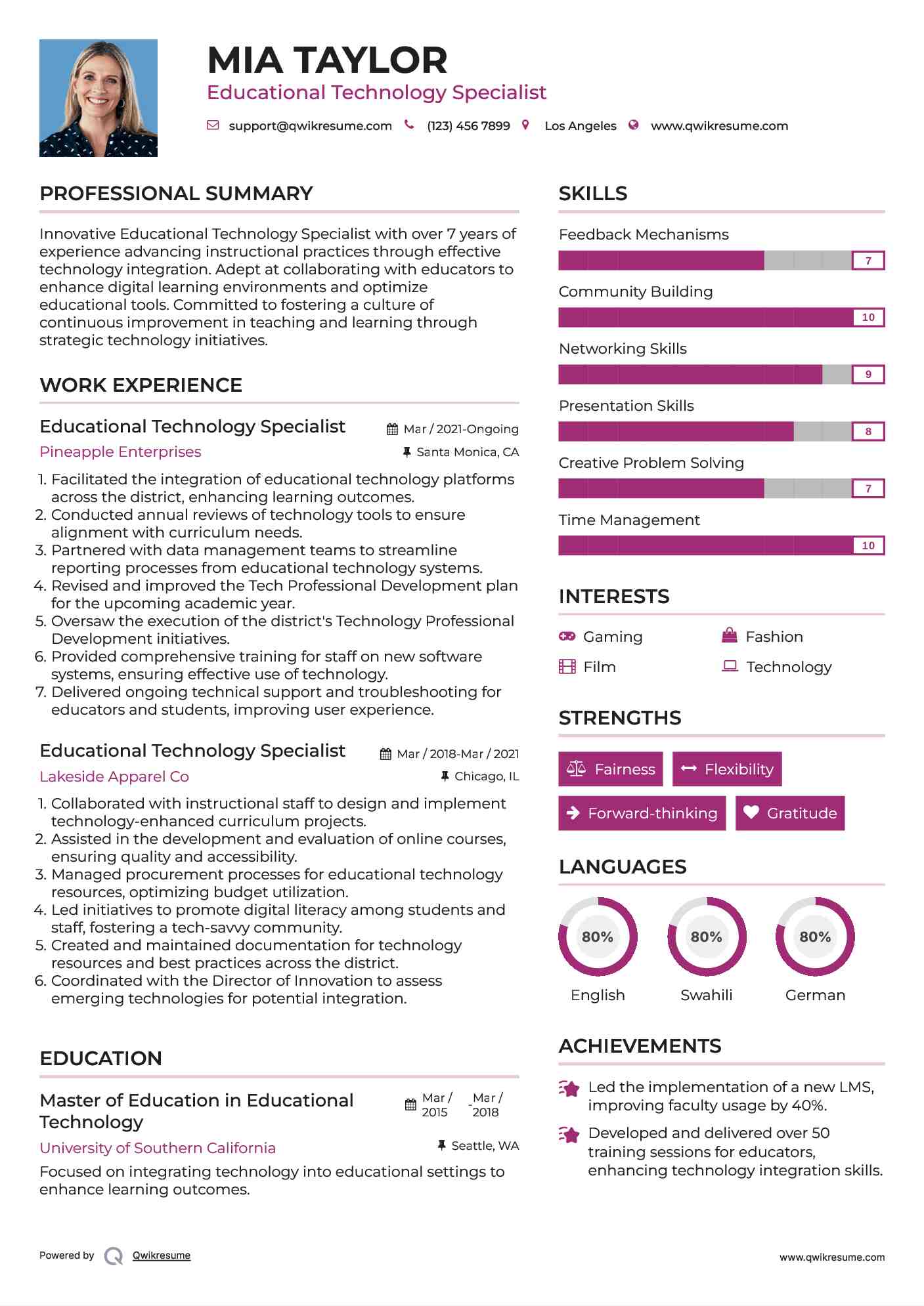 Educational Technology Specialist Resume Template
