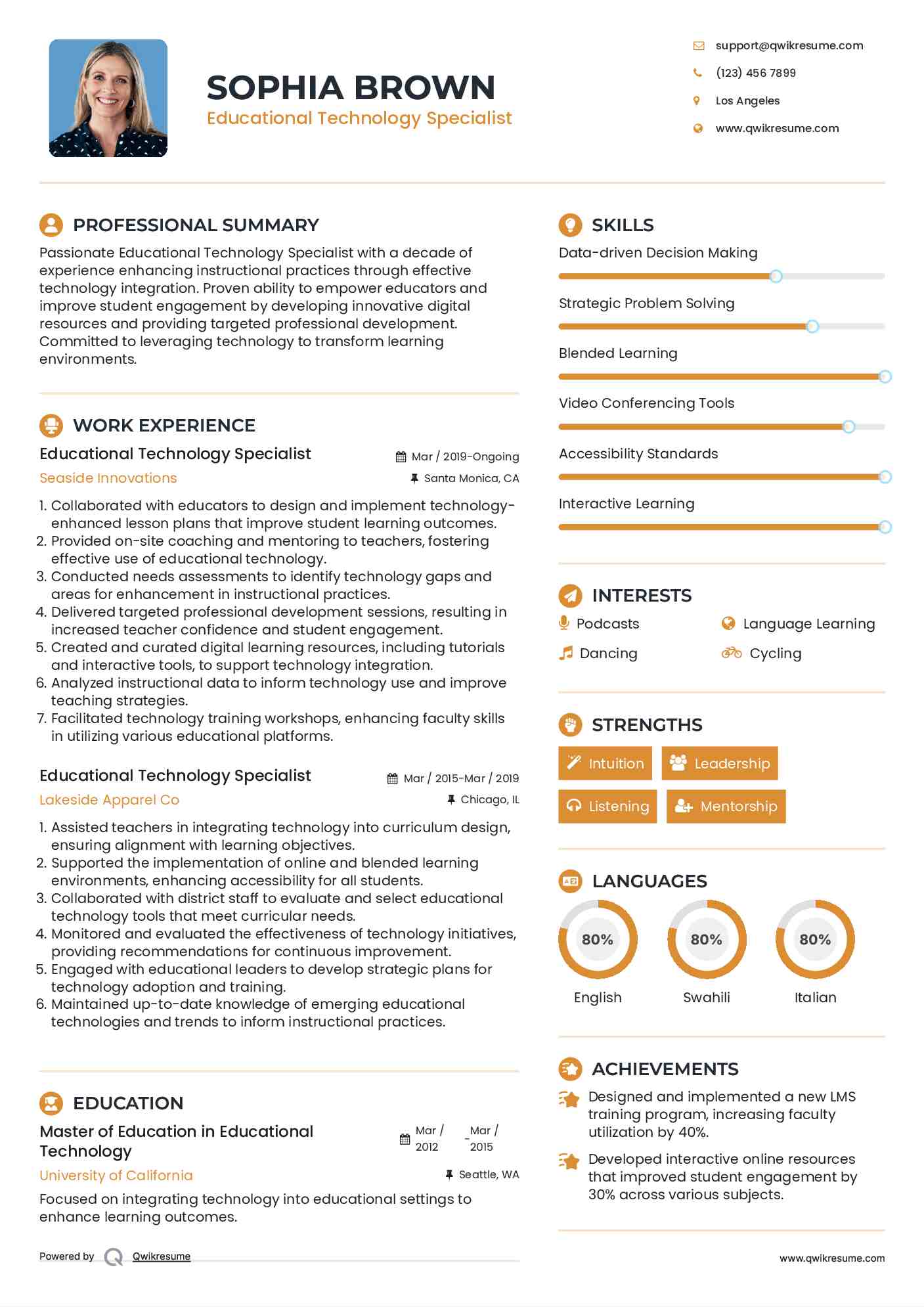 Educational Technology Specialist Resume Example