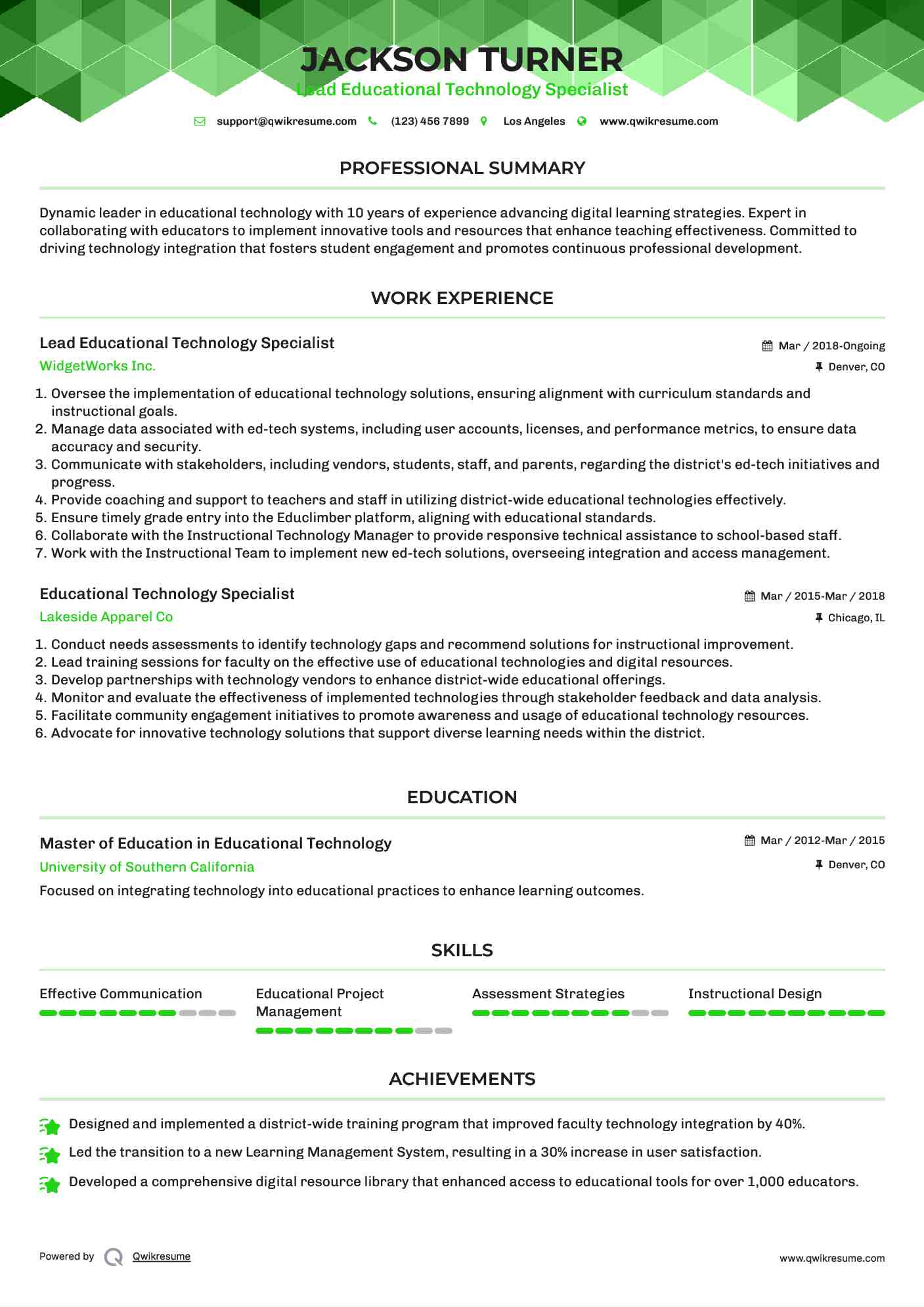 Lead Educational Technology Specialist Resume Template