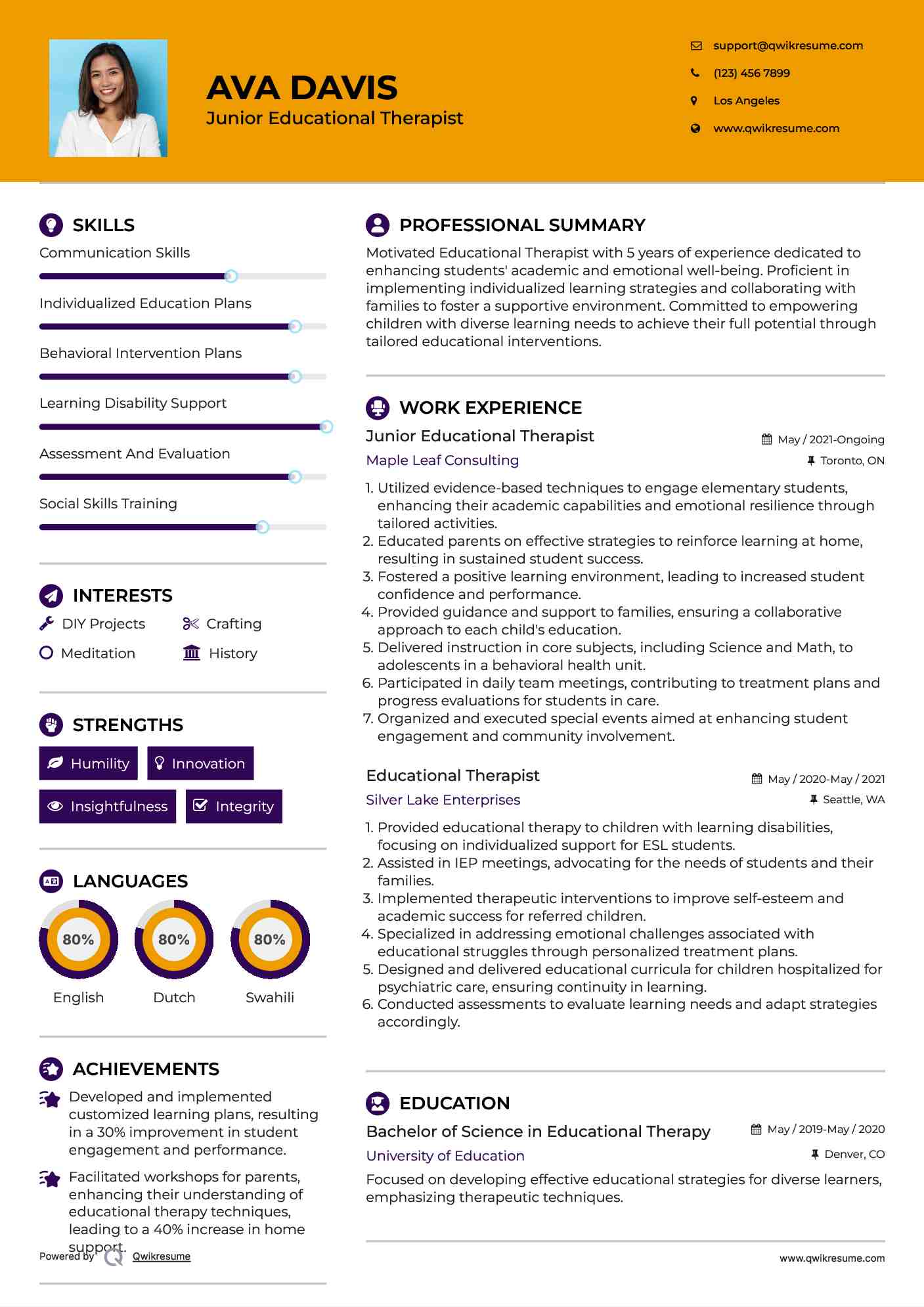 Junior Educational Therapist Resume Format