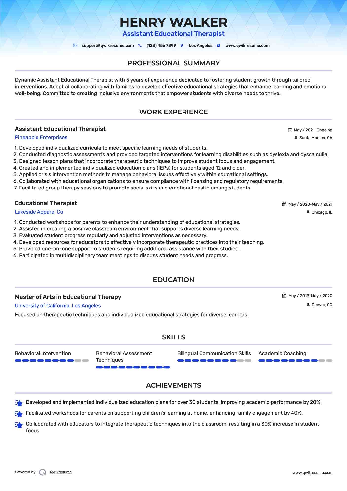 Assistant Educational Therapist Resume Model