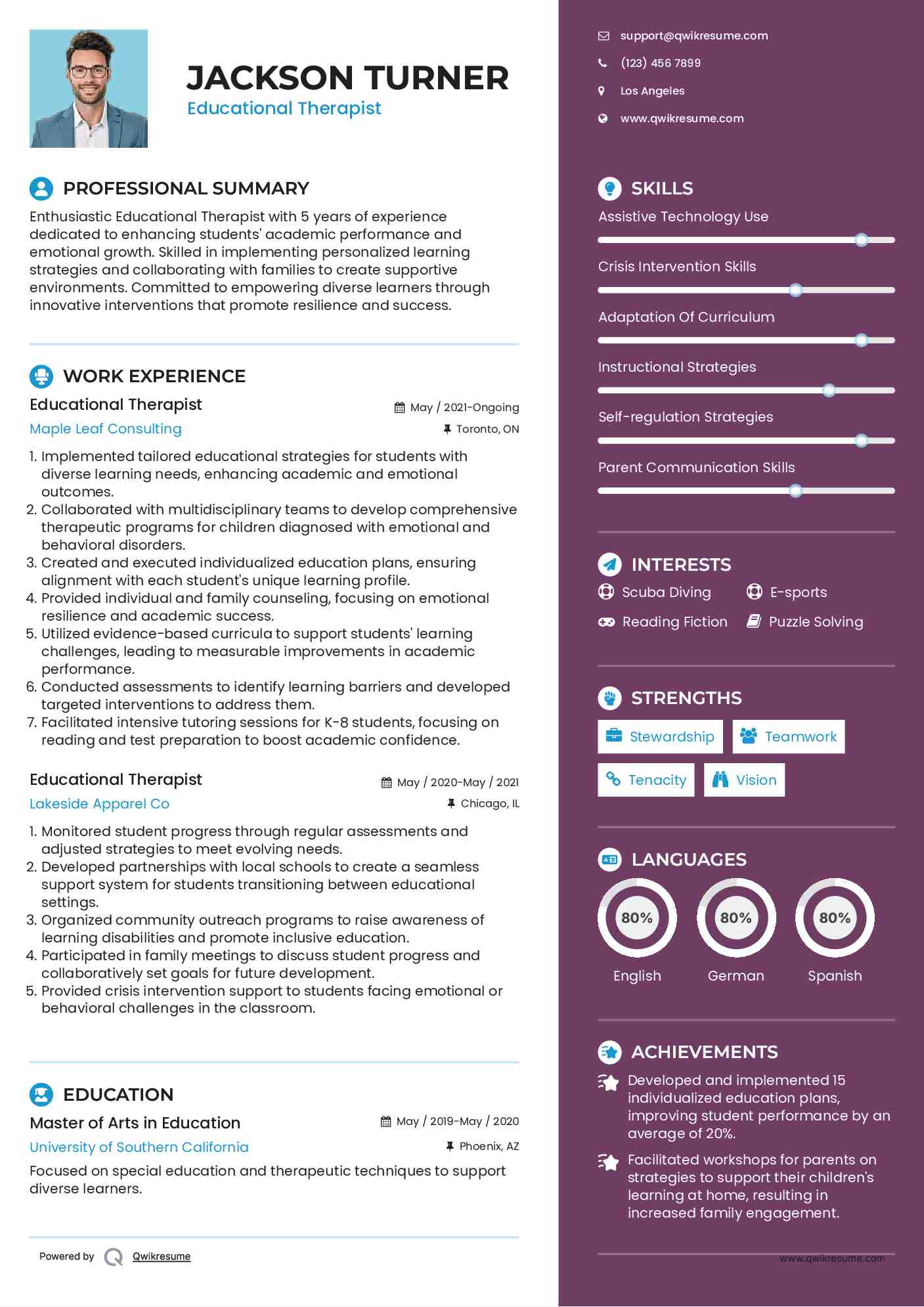 Educational Therapist Resume Sample