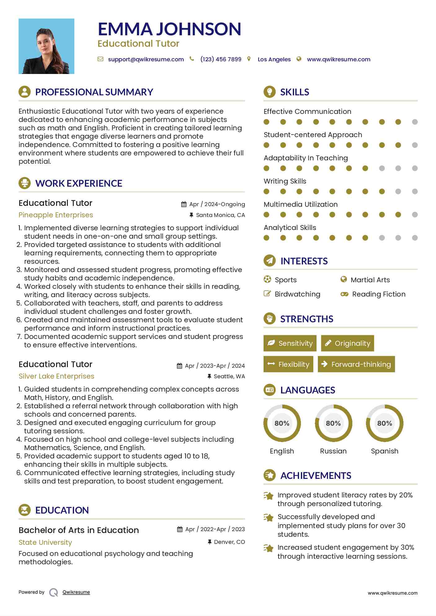 Educational Tutor Resume Model