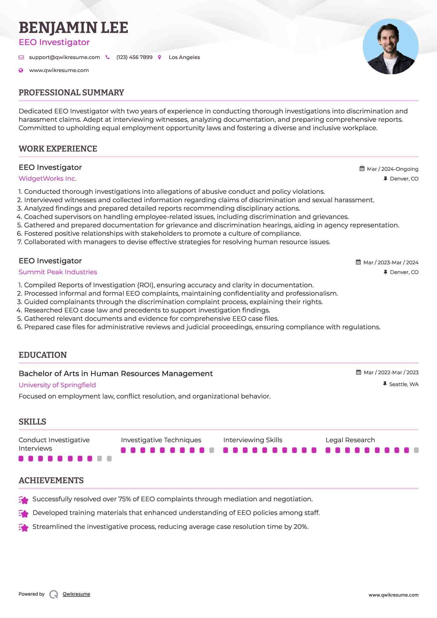 EEO Investigator Resume Example
