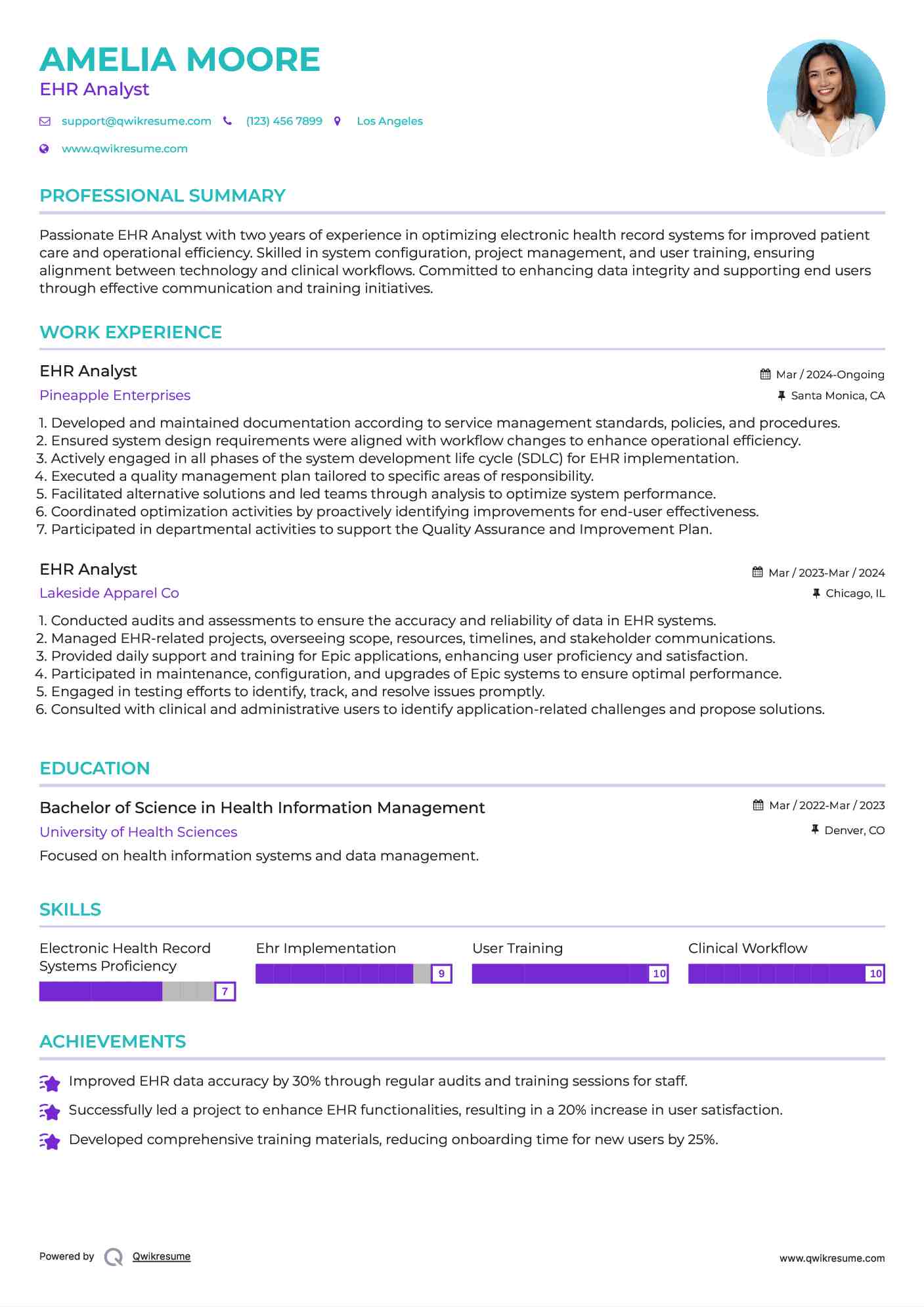 EHR Analyst Resume Example
