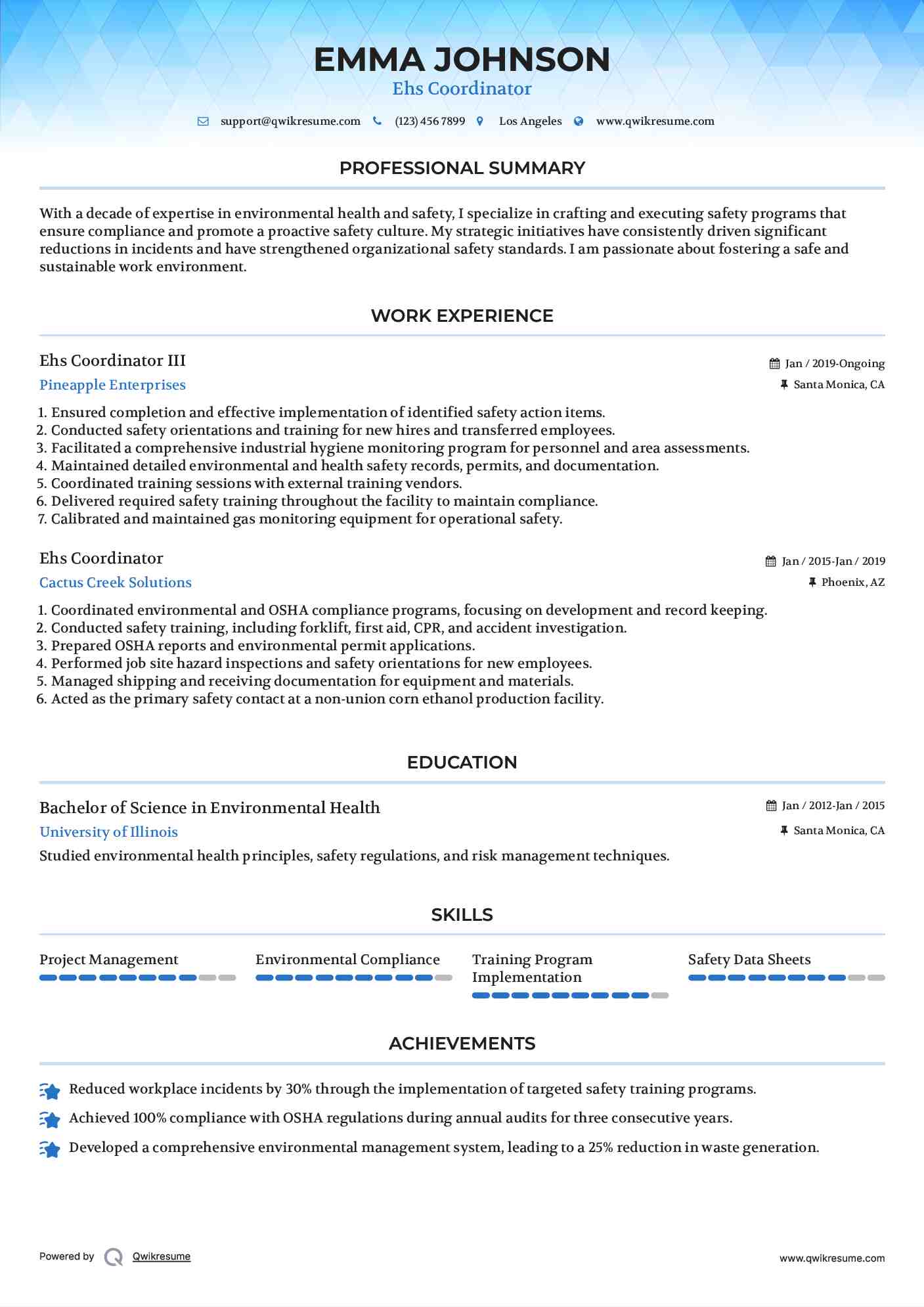 Ehs Coordinator III Resume Model