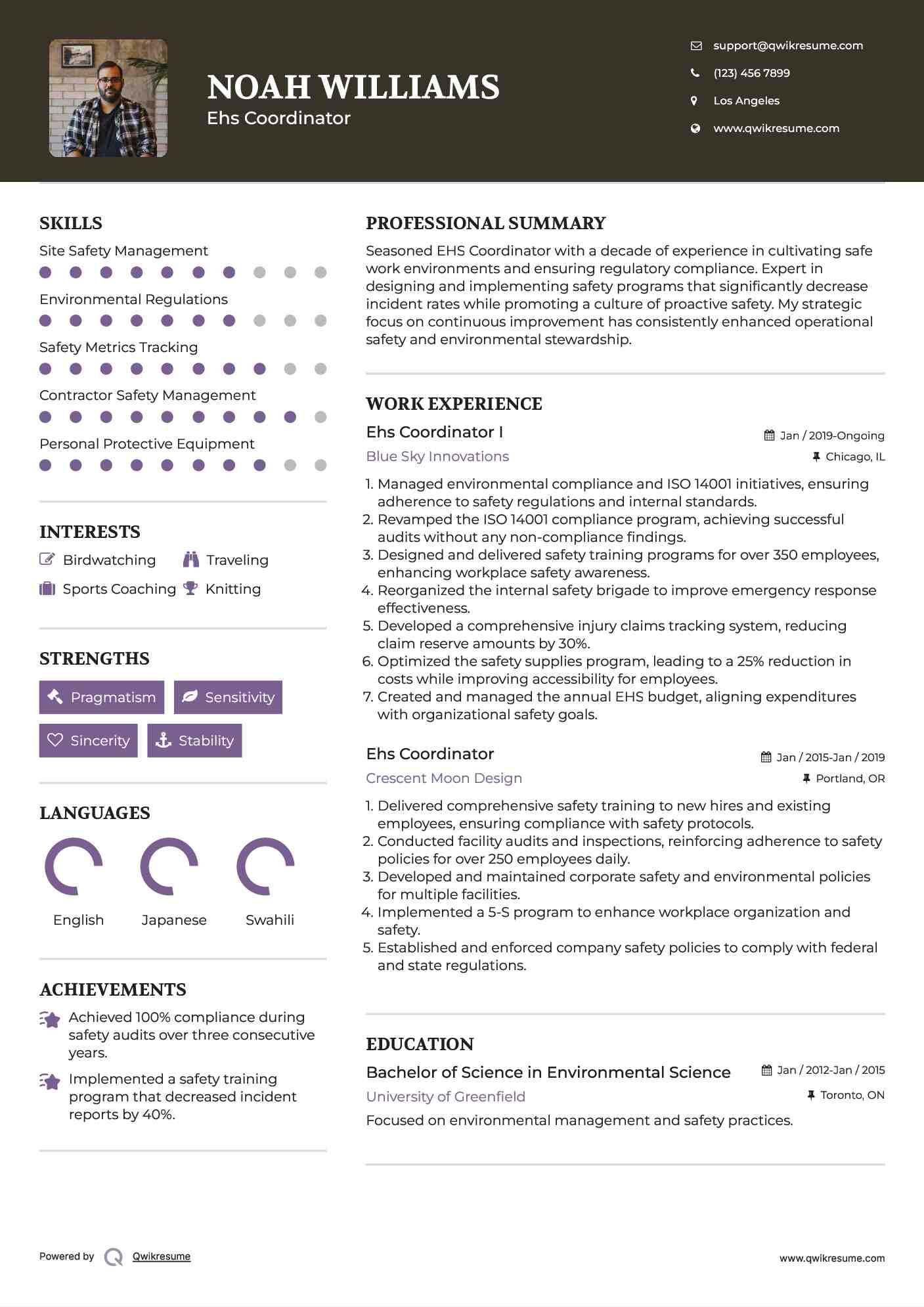 Ehs Coordinator I Resume Model