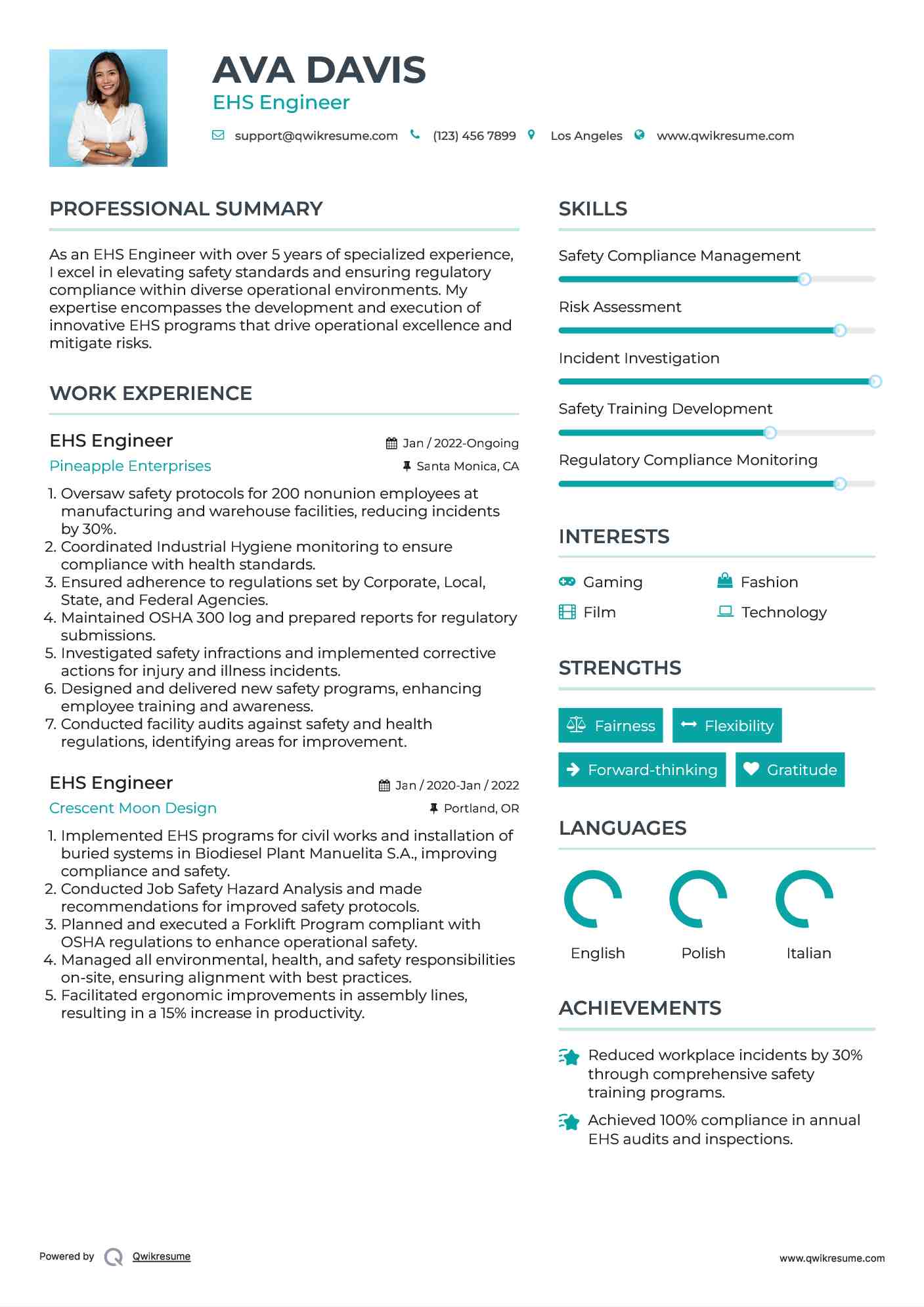 EHS Engineer Resume Sample