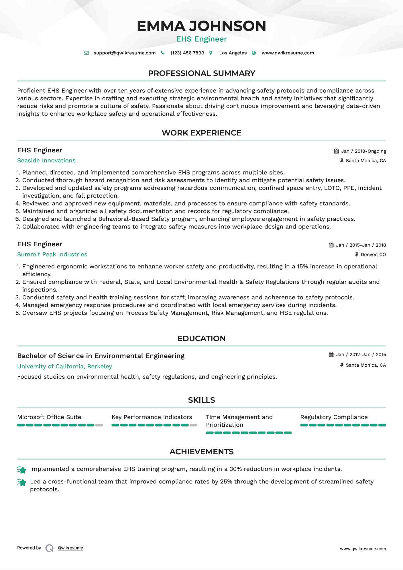 EHS Engineer Resume Model