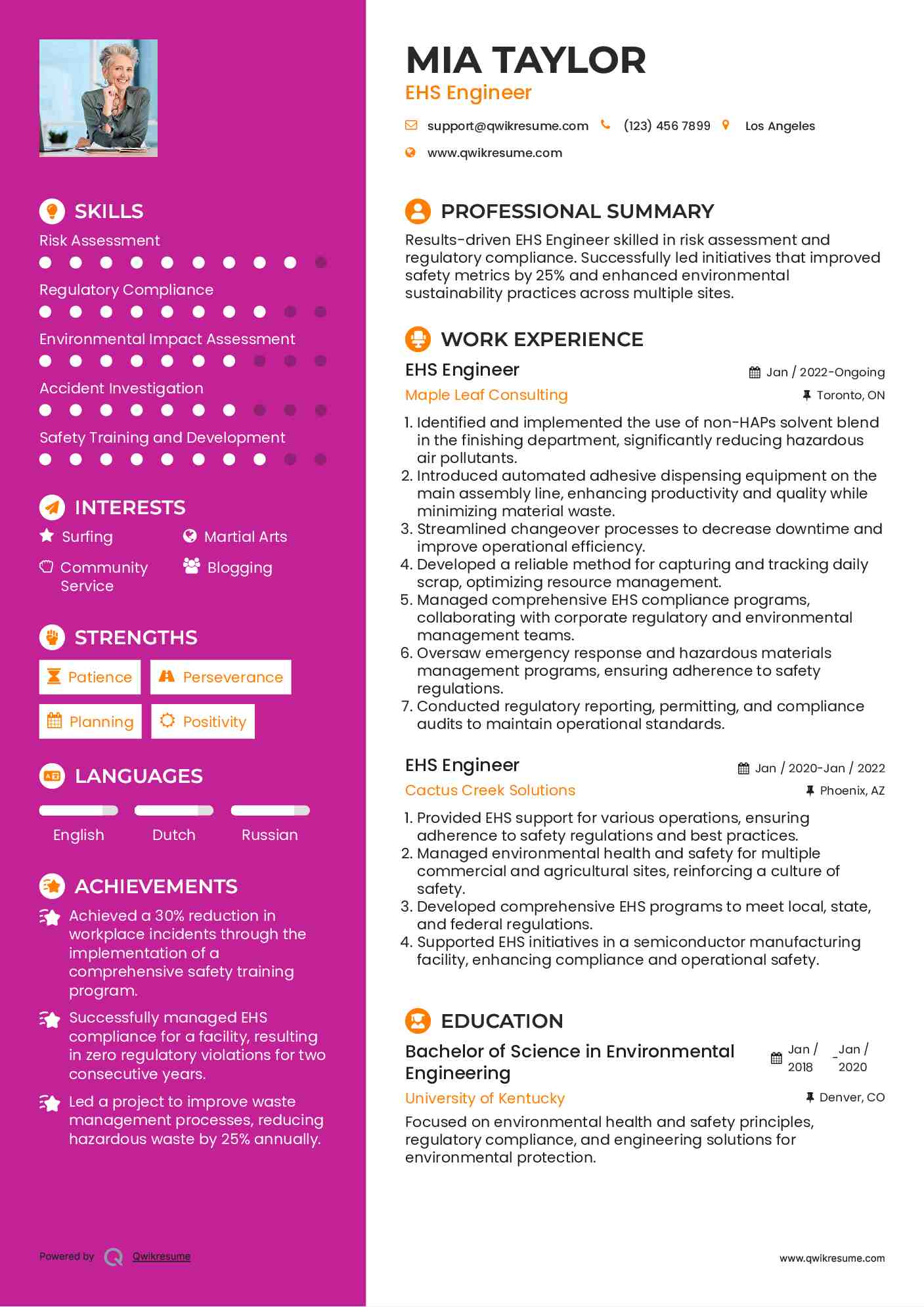 EHS Engineer Resume Template