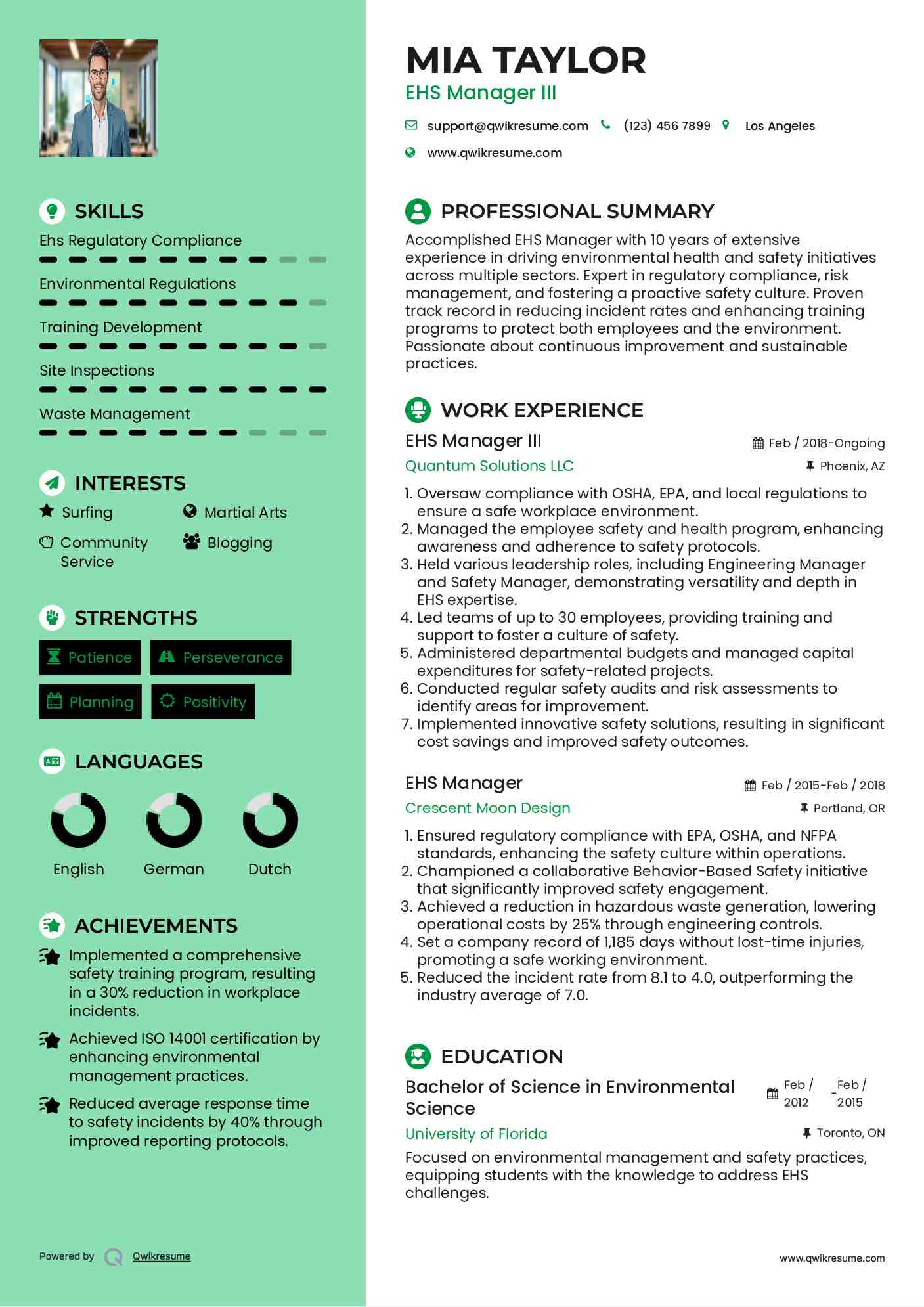 EHS Manager III Resume Sample