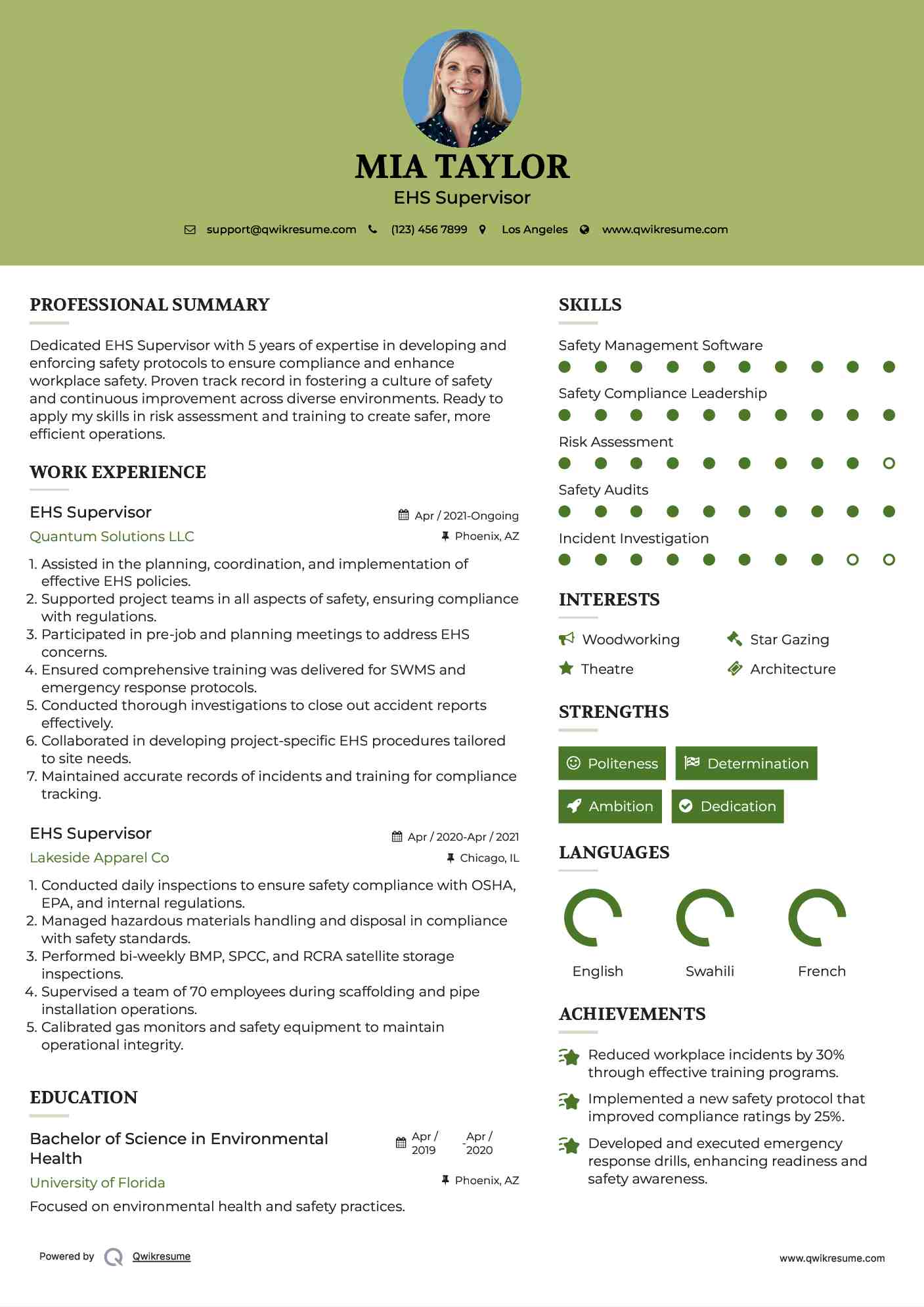 EHS Supervisor Resume Sample