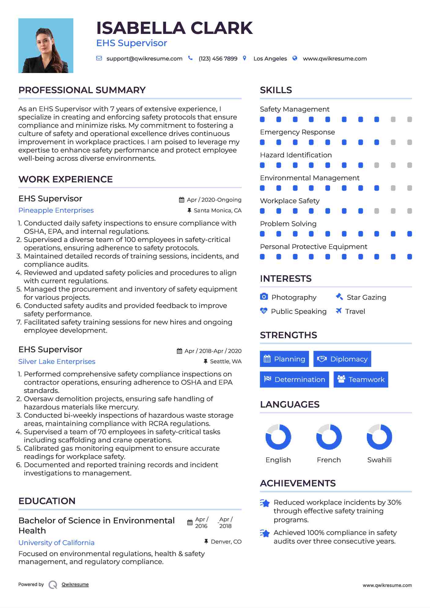 EHS Supervisor Resume Sample