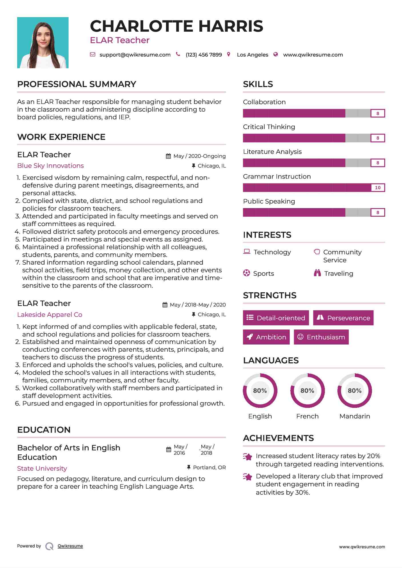 ELAR Teacher Resume Template