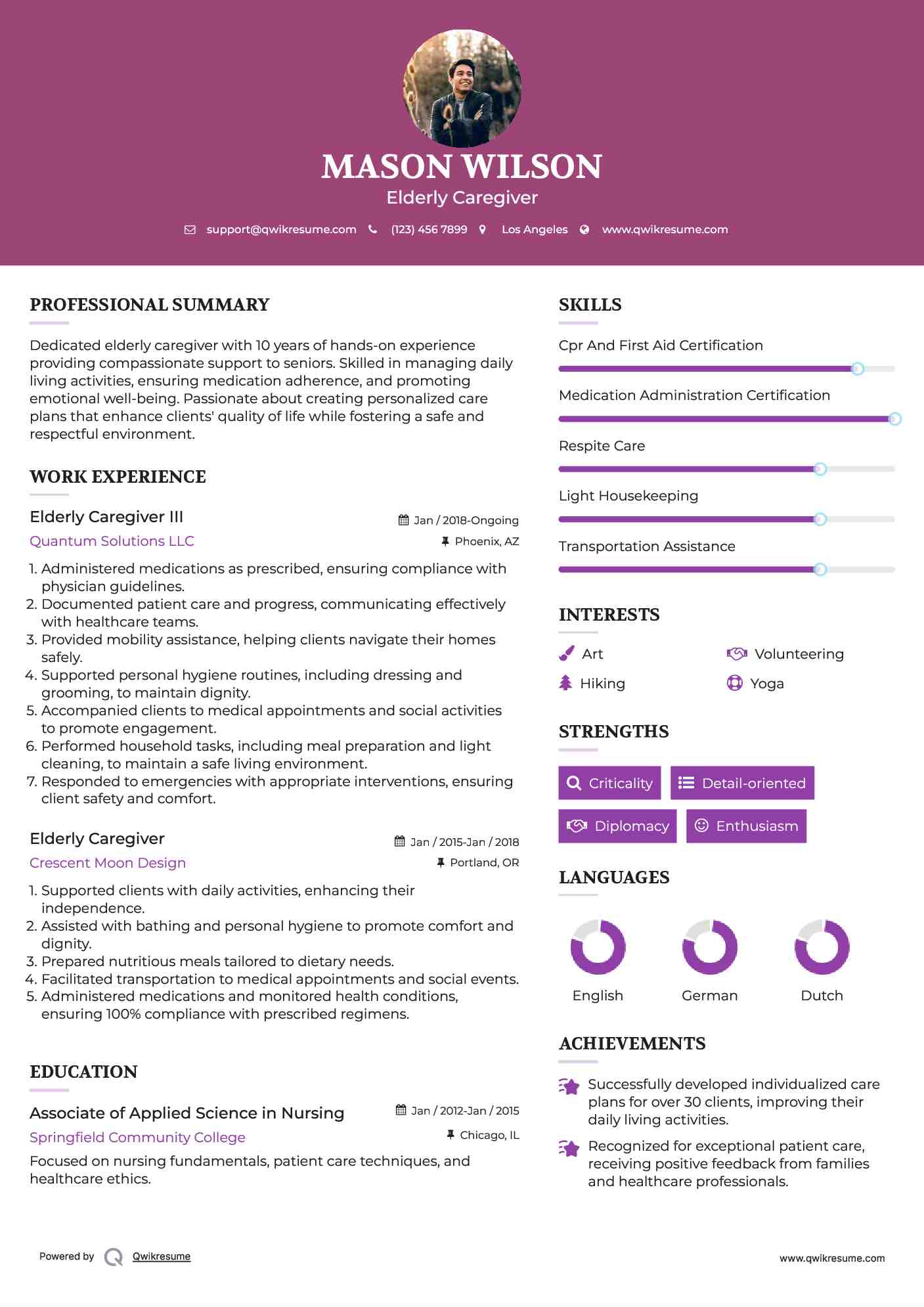 Elderly Caregiver III Resume Format