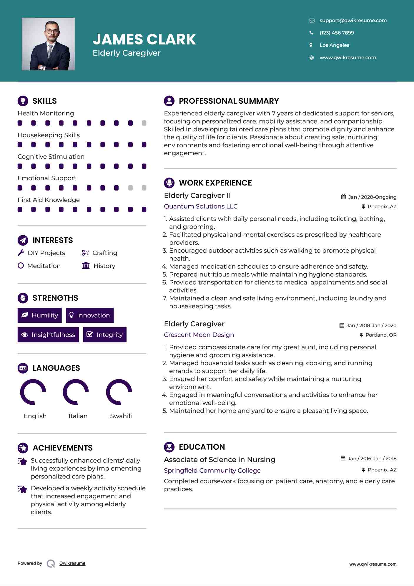 Elderly Caregiver II Resume Example