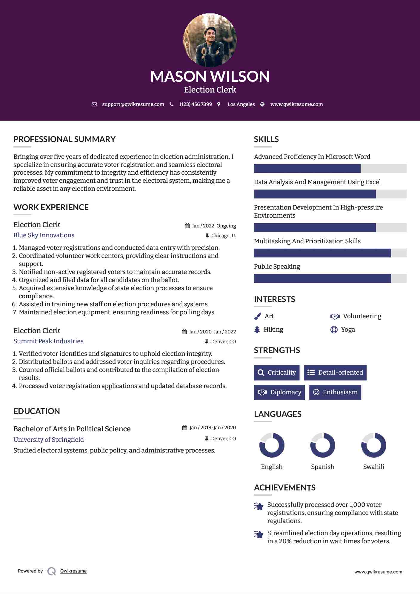 Election Clerk Resume Example