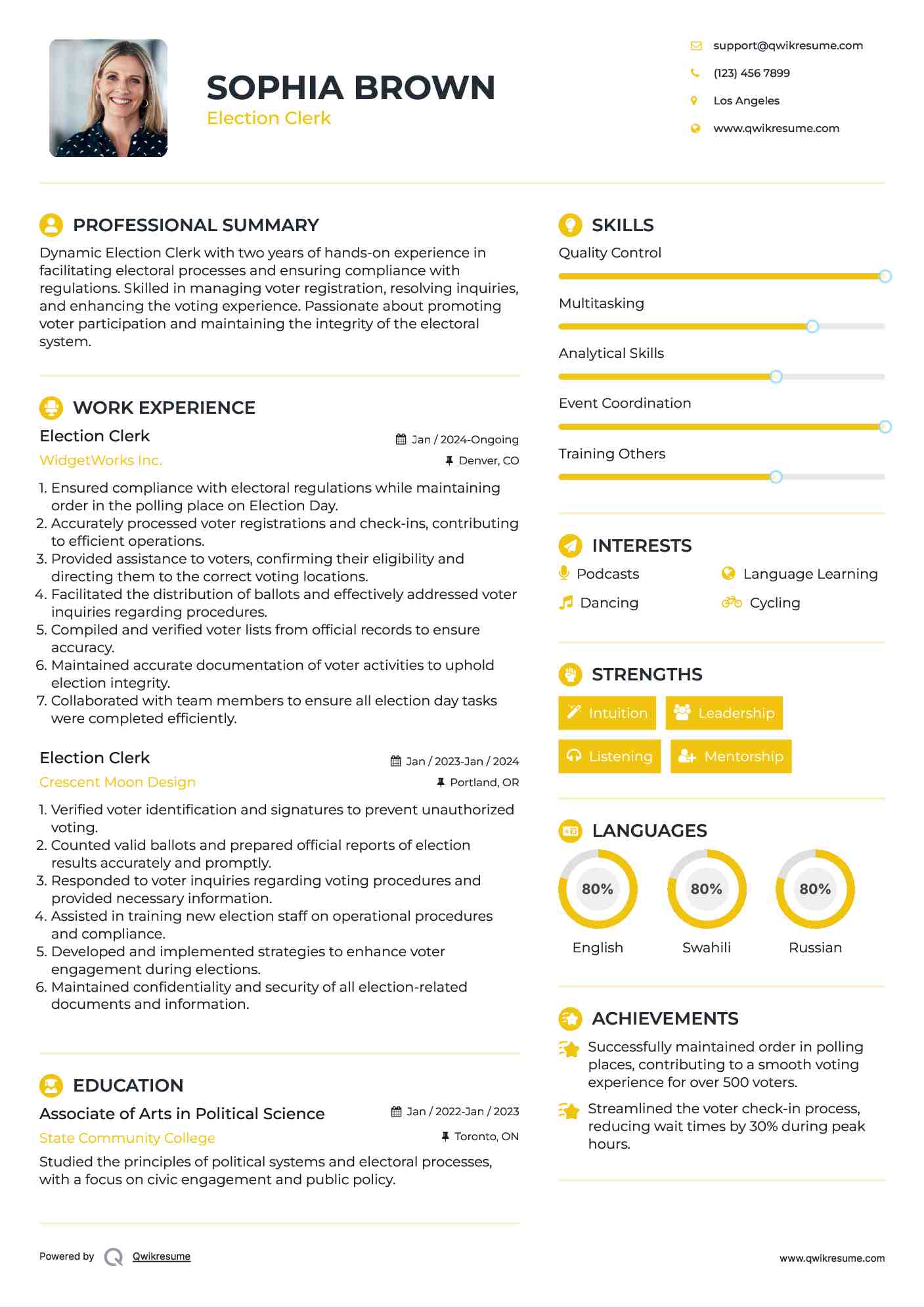 Election Clerk Resume Sample