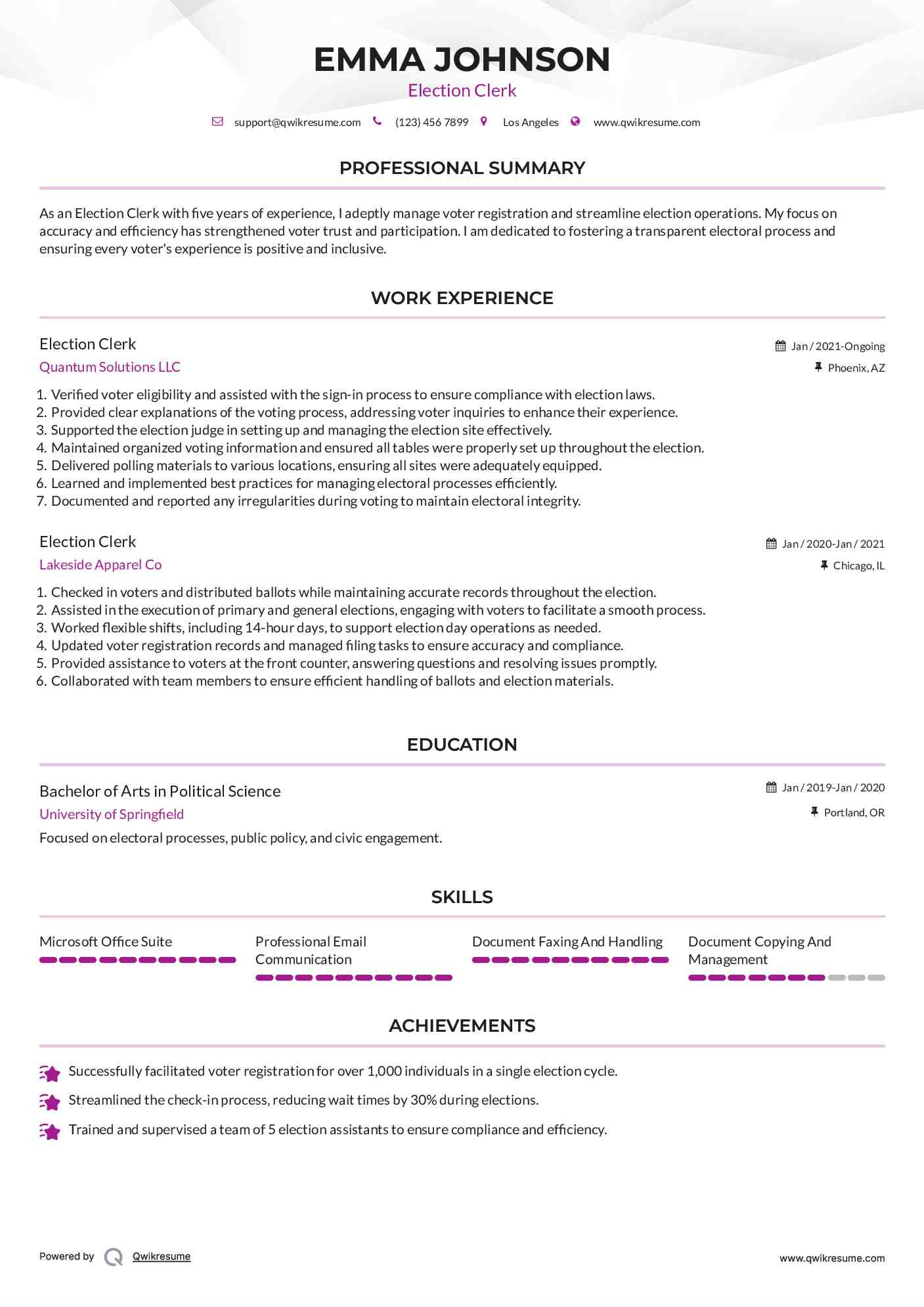 Election Clerk Resume Template