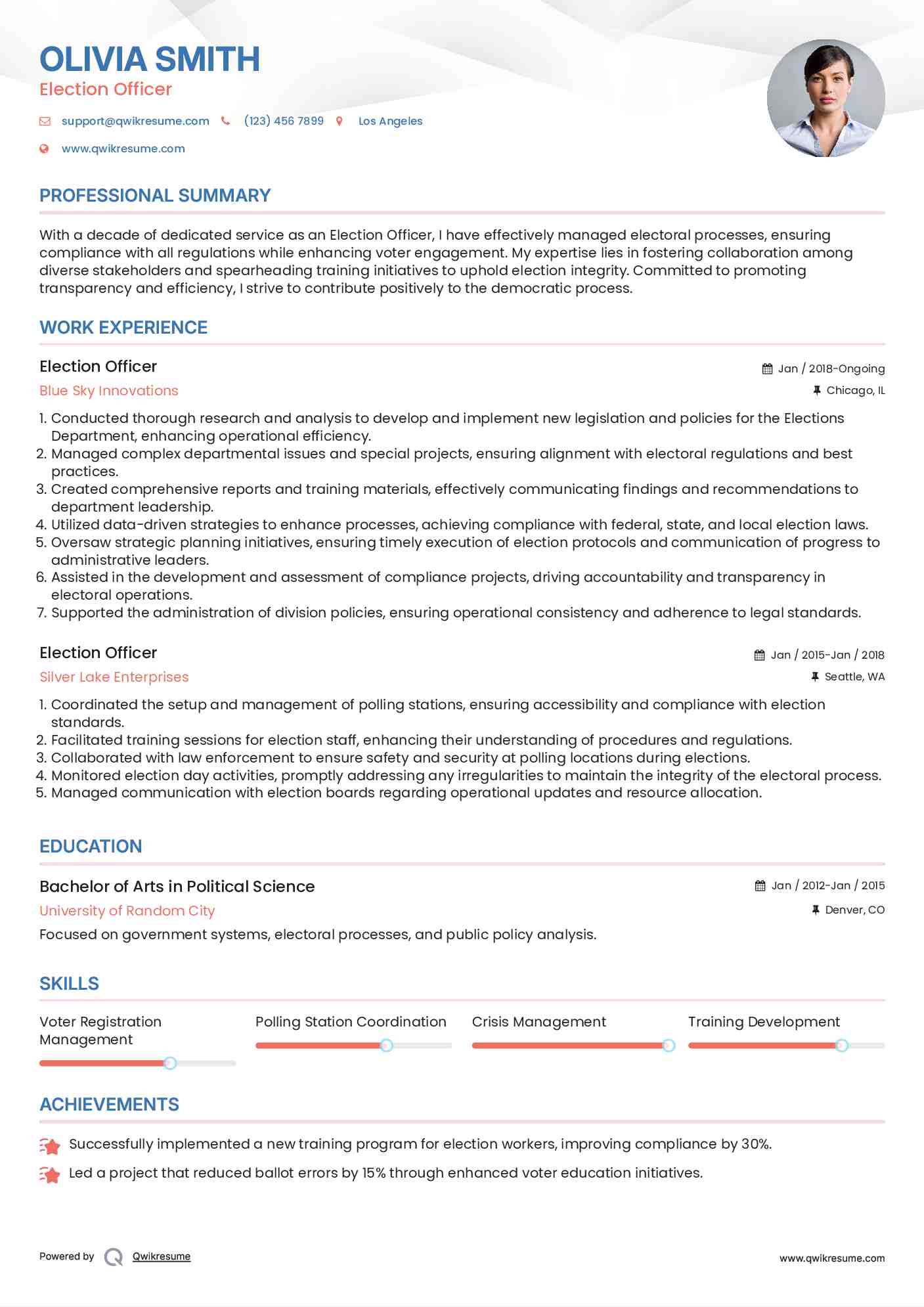 Election Officer Resume Format