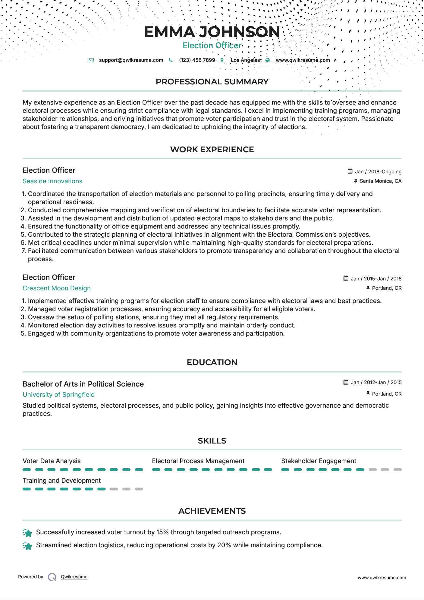 Election Officer Resume Example