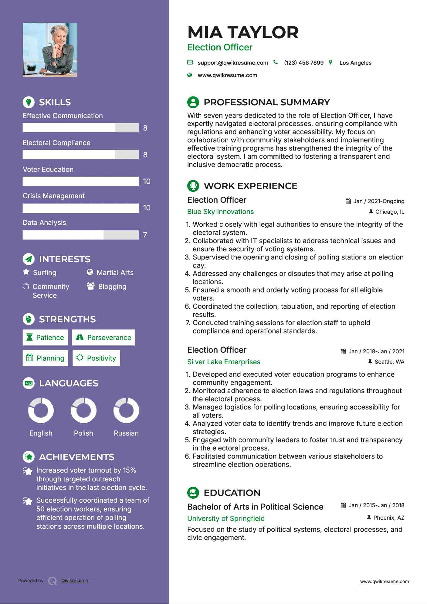 Election Officer Resume Format