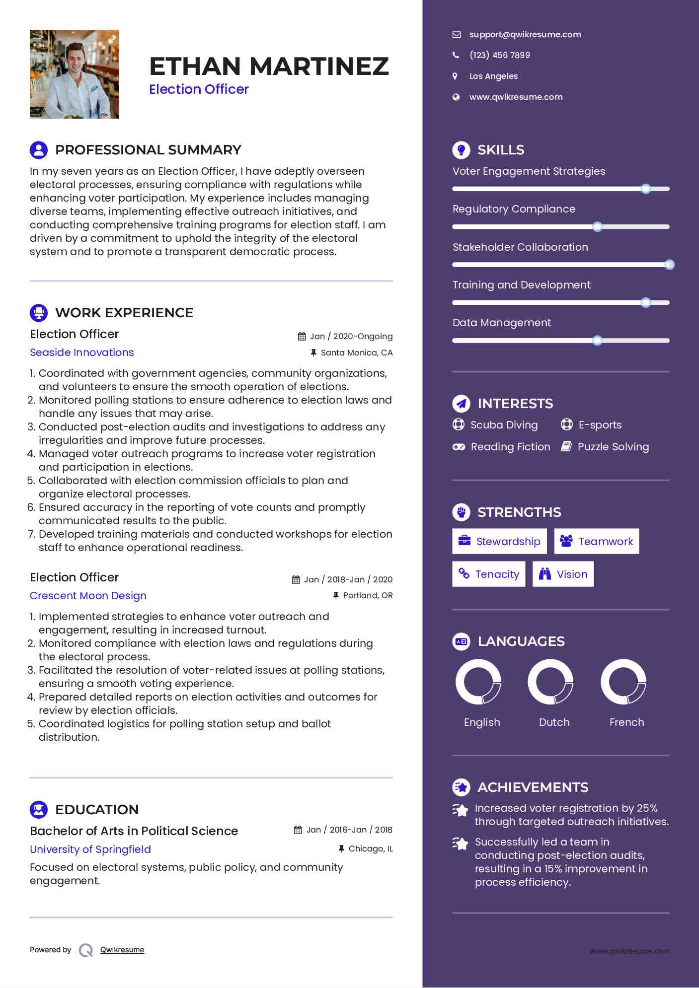 Election Officer Resume Example