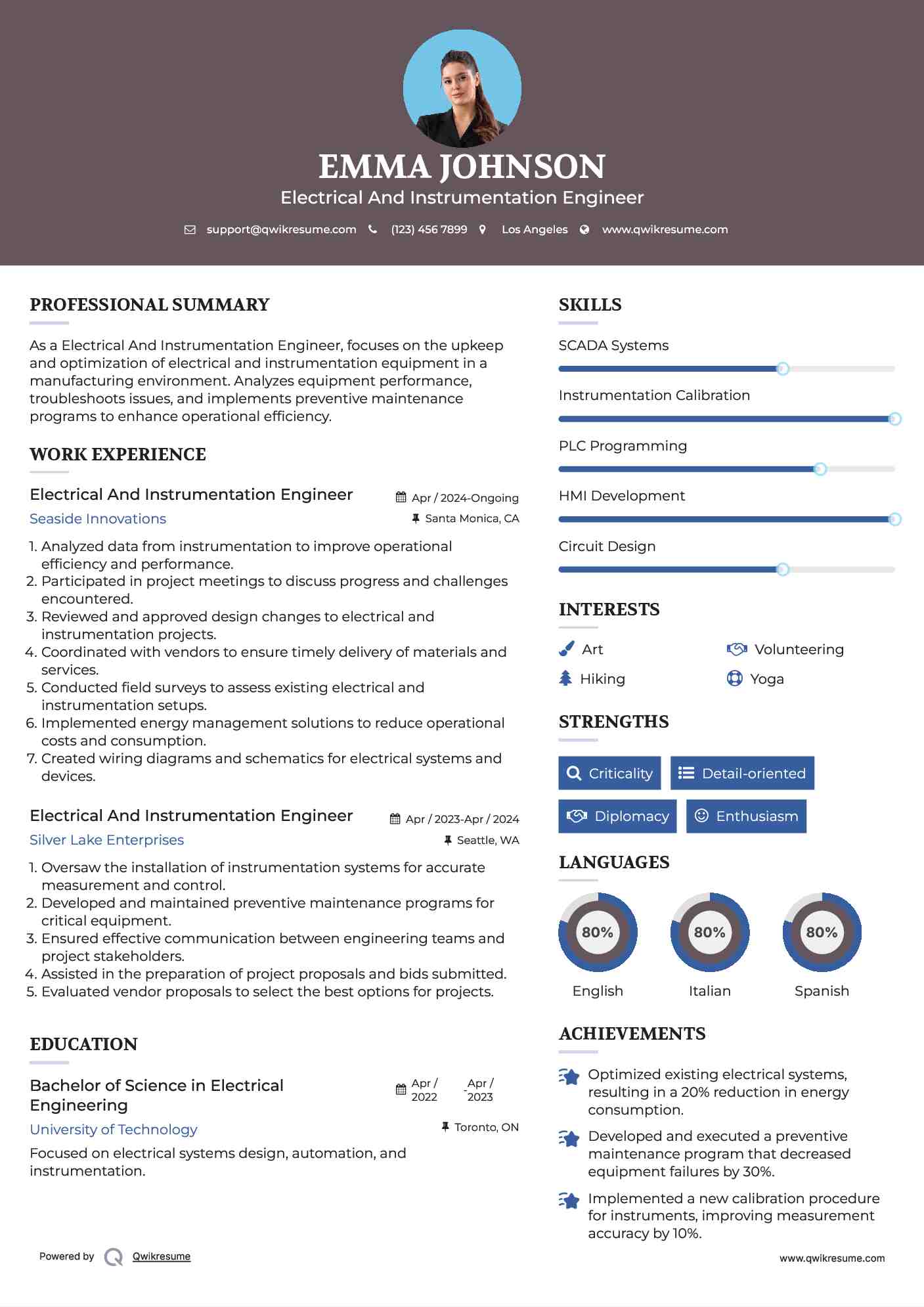 Electrical And Instrumentation Engineer Resume Example