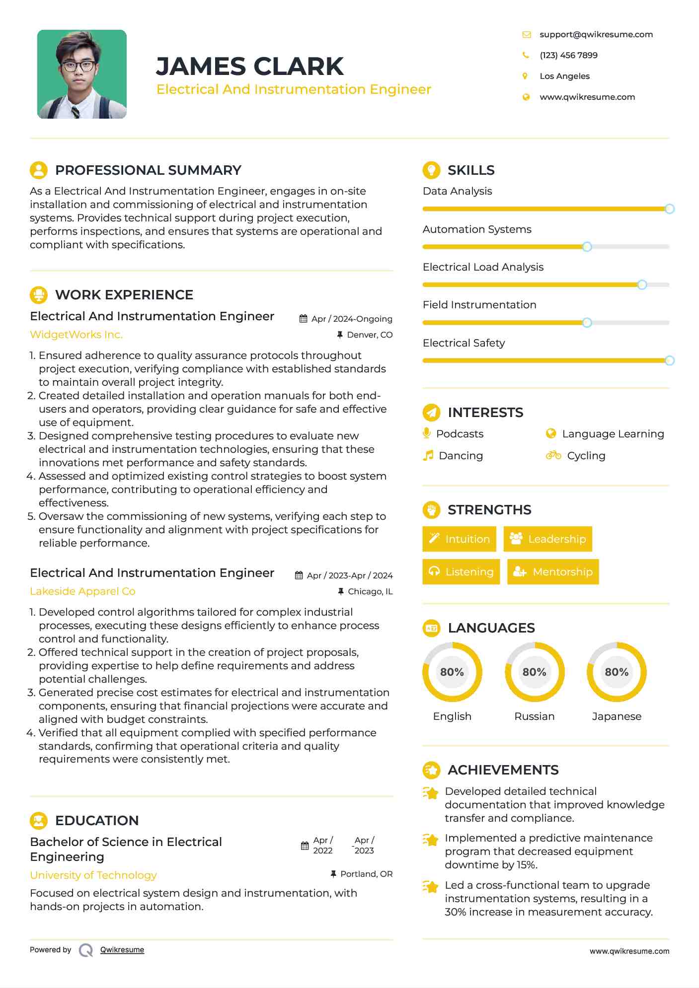 Electrical And Instrumentation Engineer Resume Model