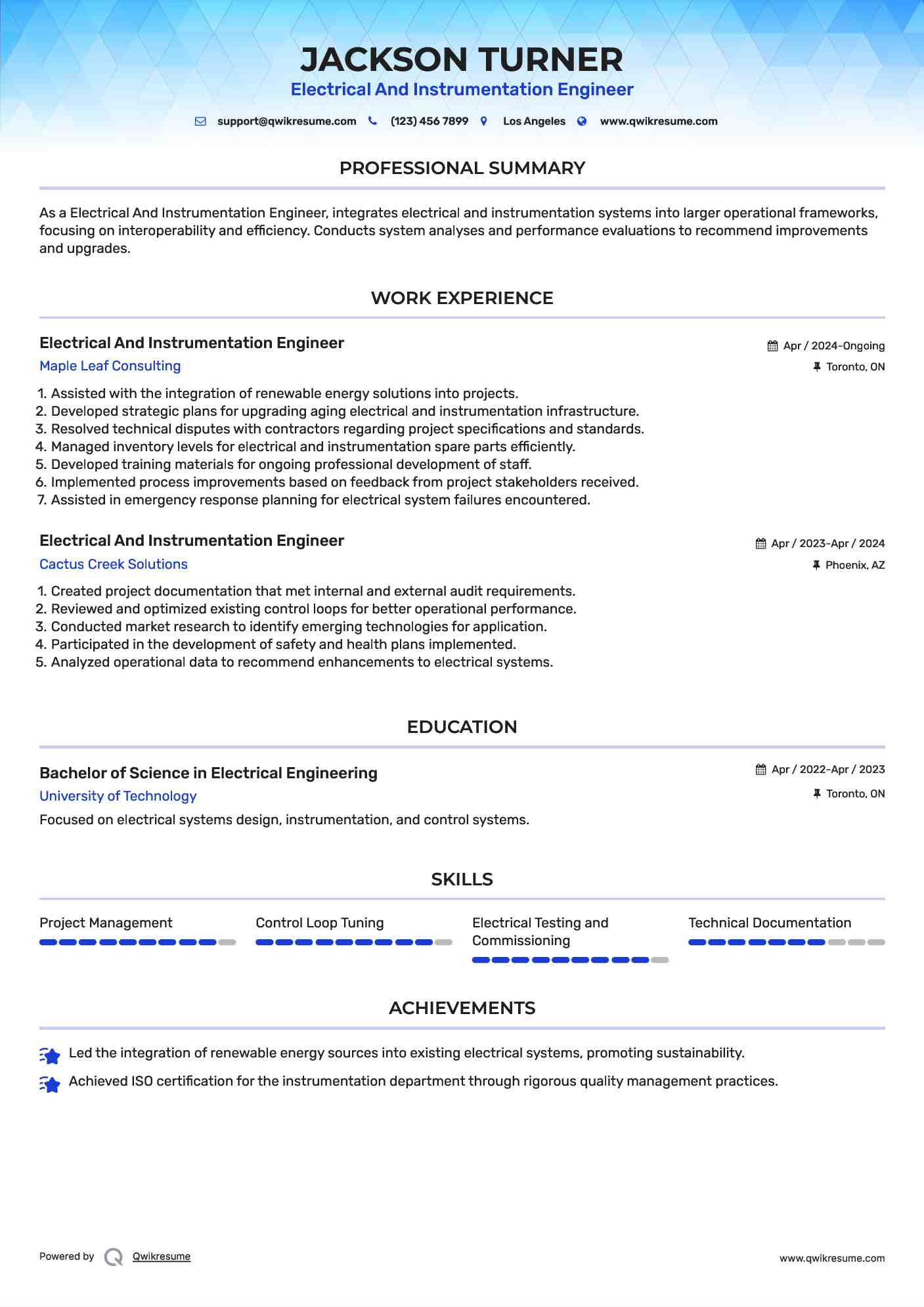 Electrical And Instrumentation Engineer Resume Model