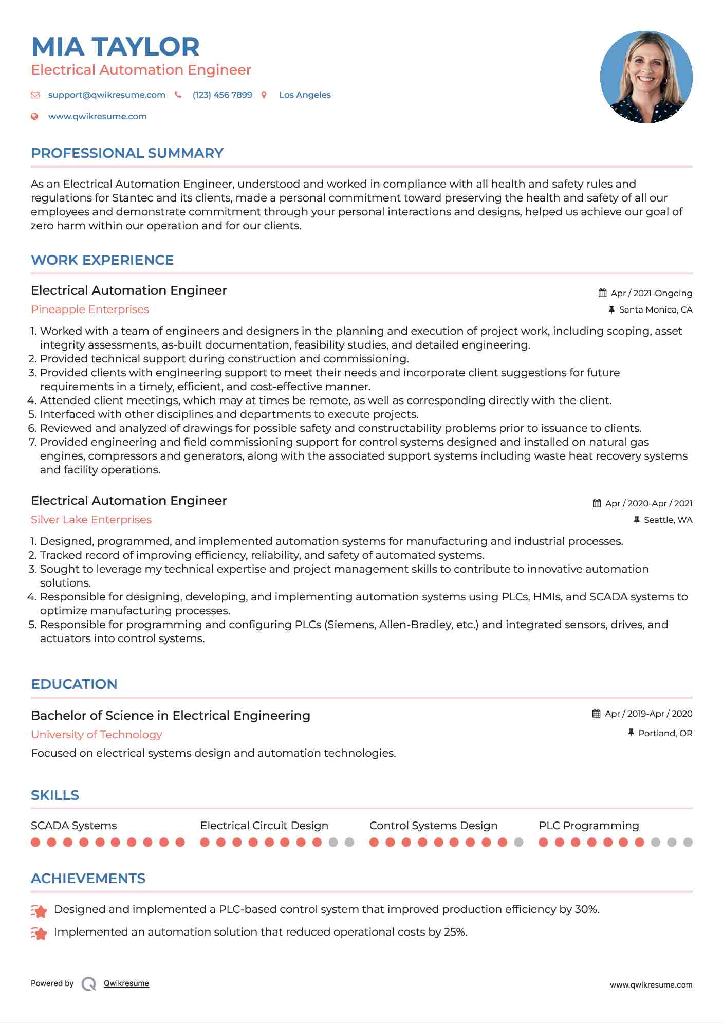 Electrical Automation Engineer Resume Sample