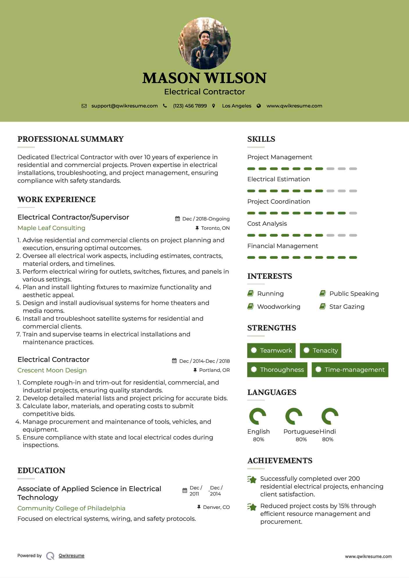 Electrical Contractor/Supervisor Resume Sample