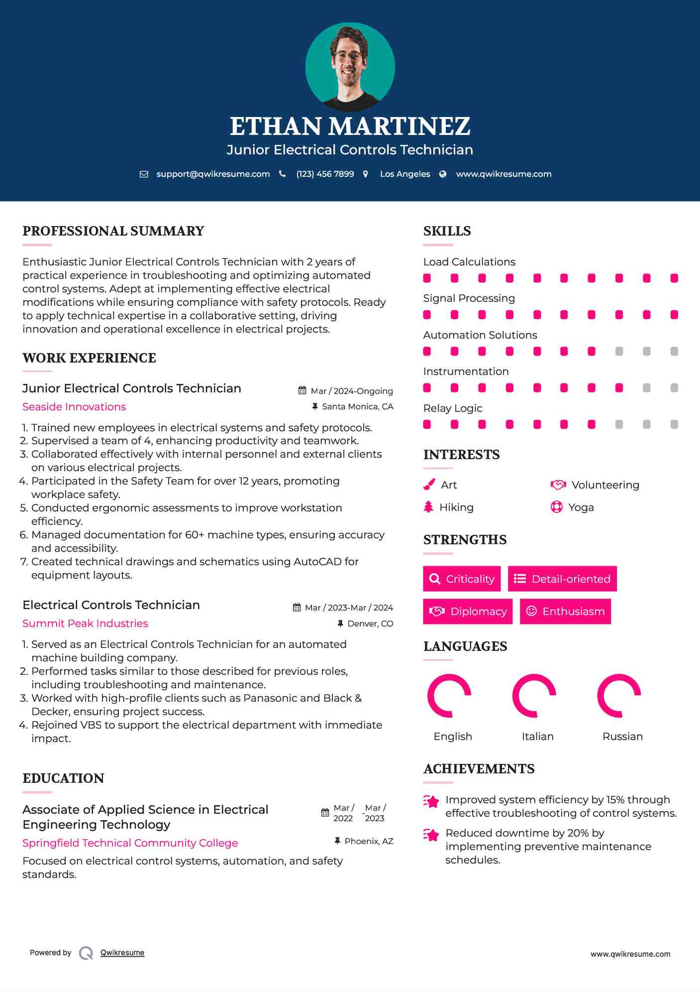 Junior Electrical Controls Technician Resume Sample