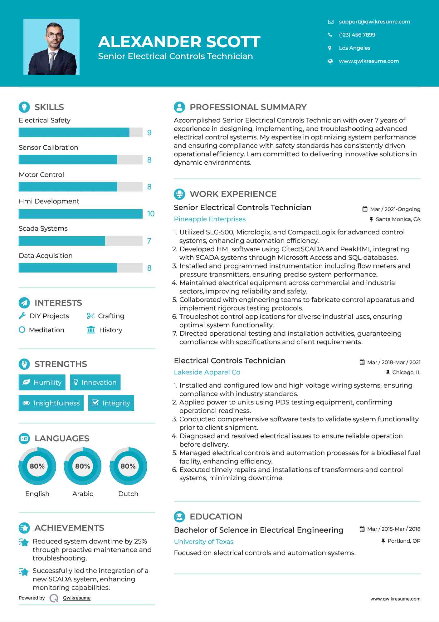 Senior Electrical Controls Technician Resume Sample