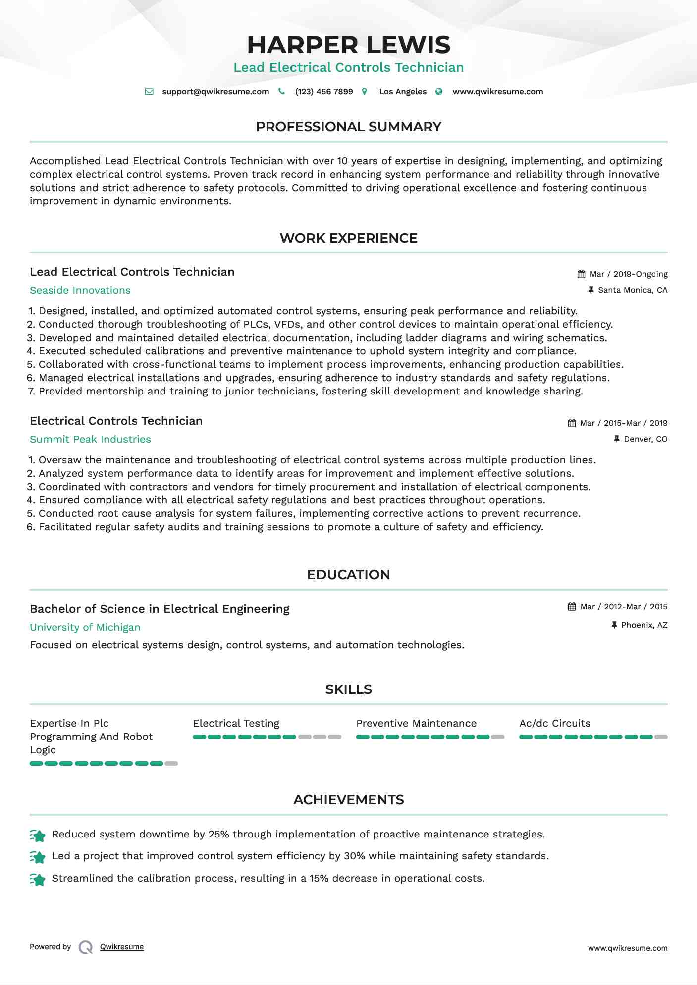 Lead Electrical Controls Technician Resume Template