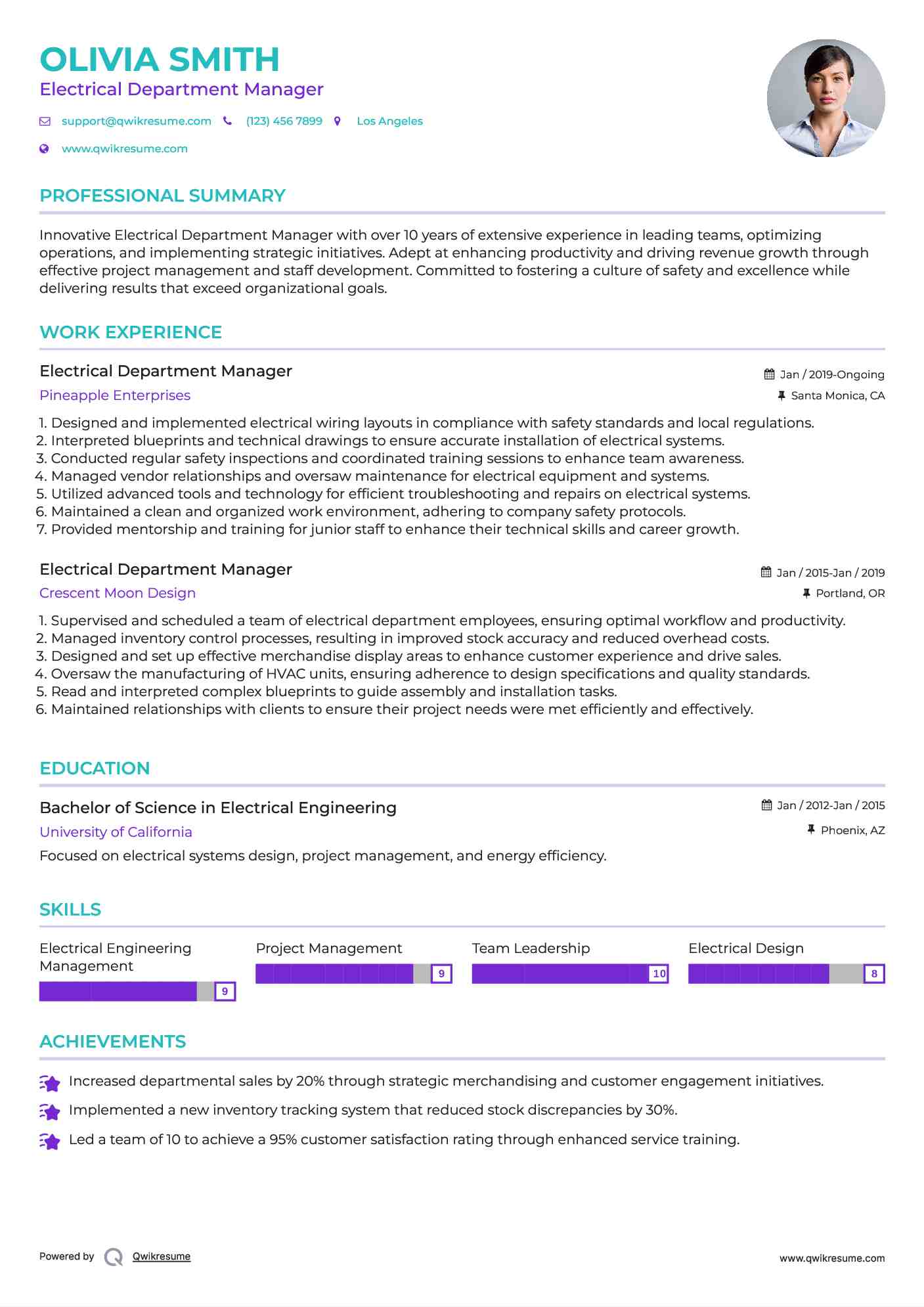 Electrical Department Manager Resume Samples QwikResume