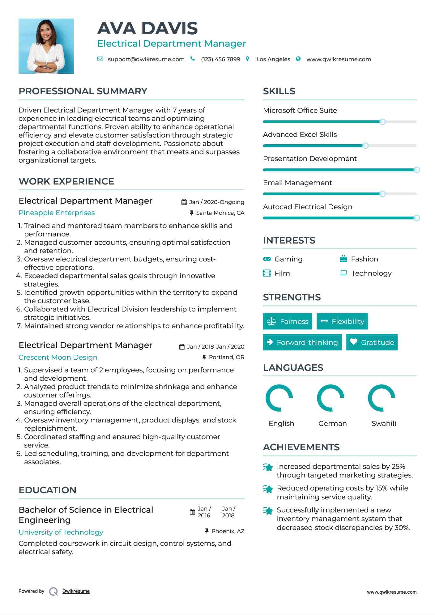Electrical Department Manager Resume Samples QwikResume