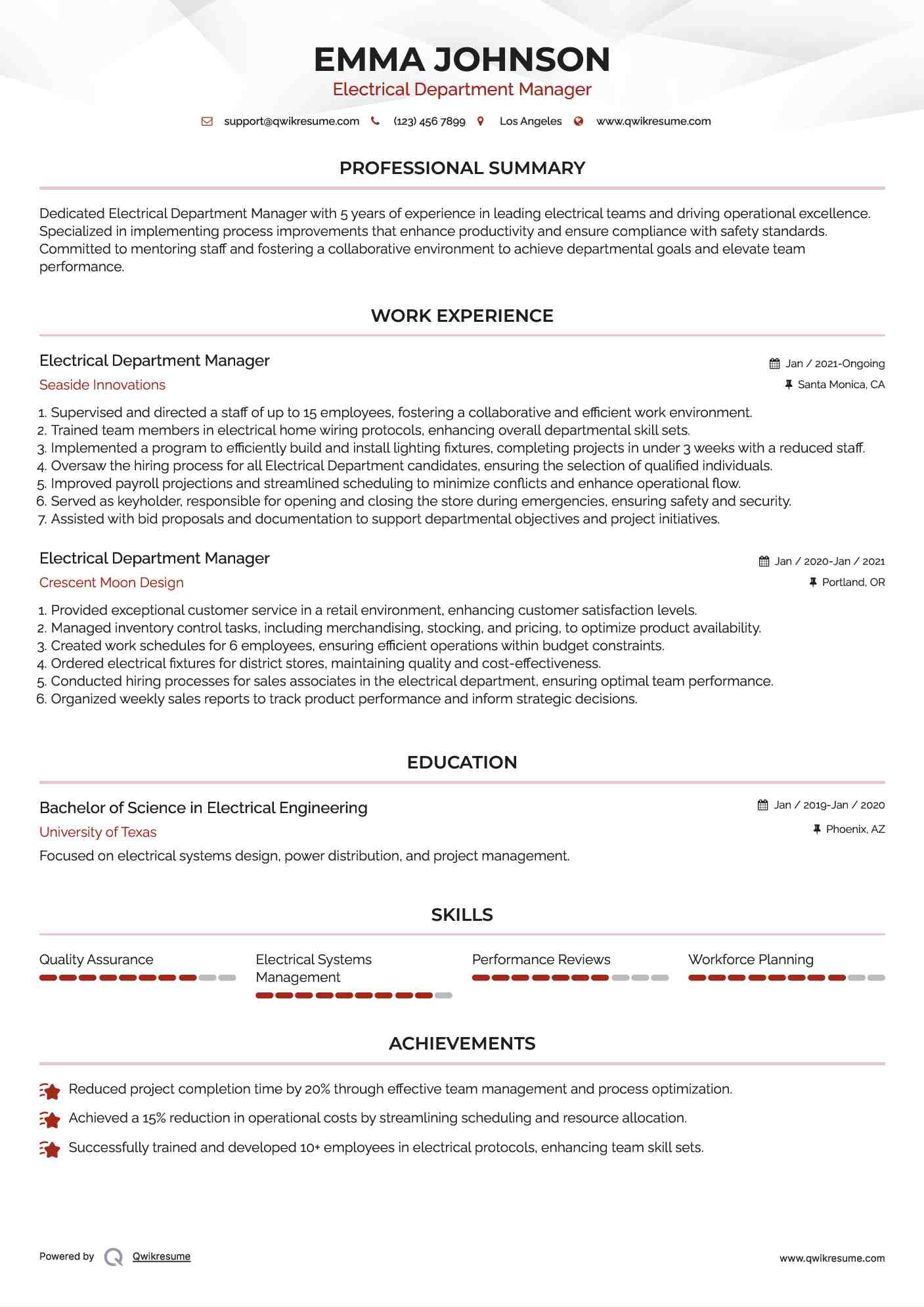 Electrical Department Manager Resume Format
