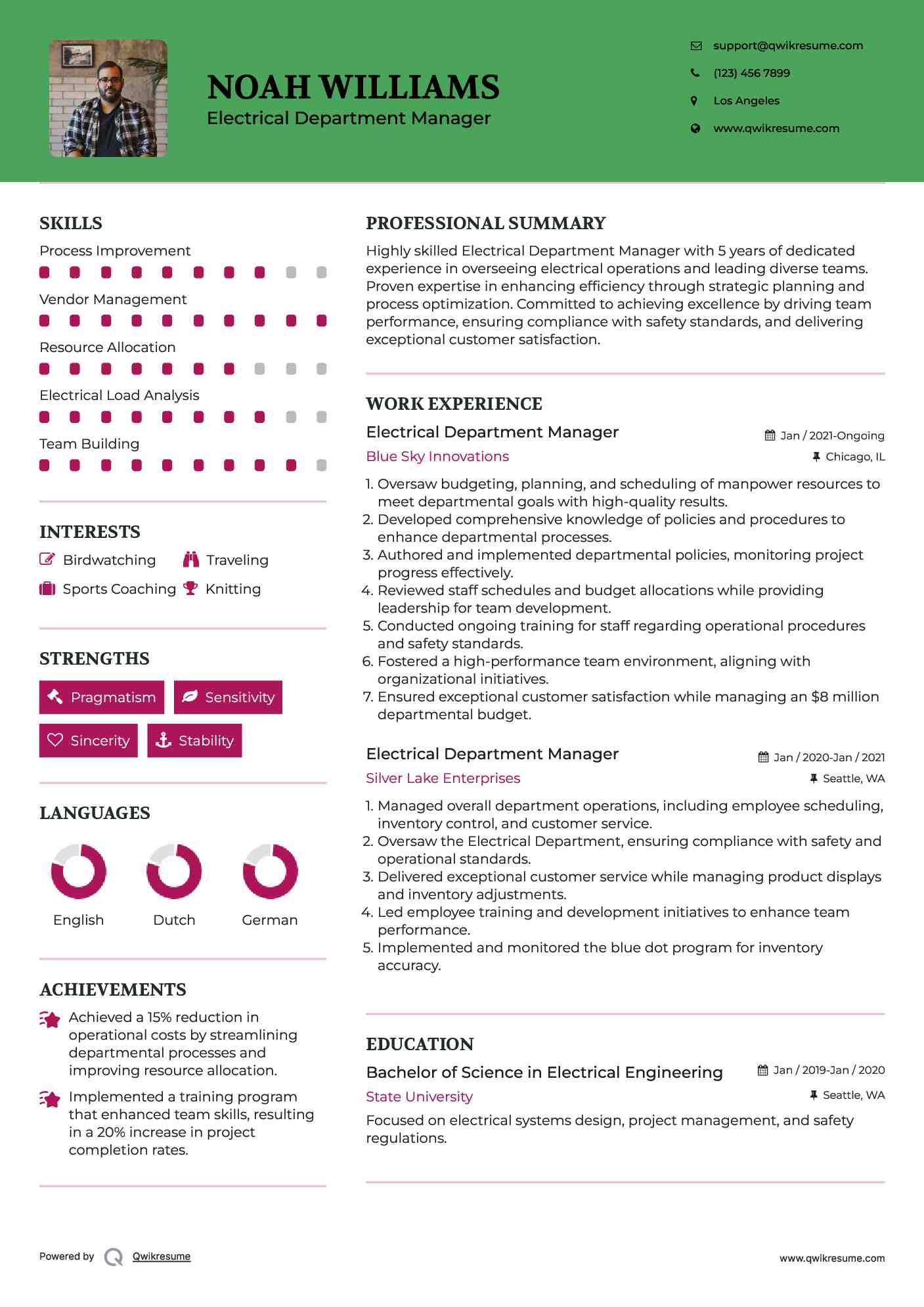 Electrical Department Manager Resume Model