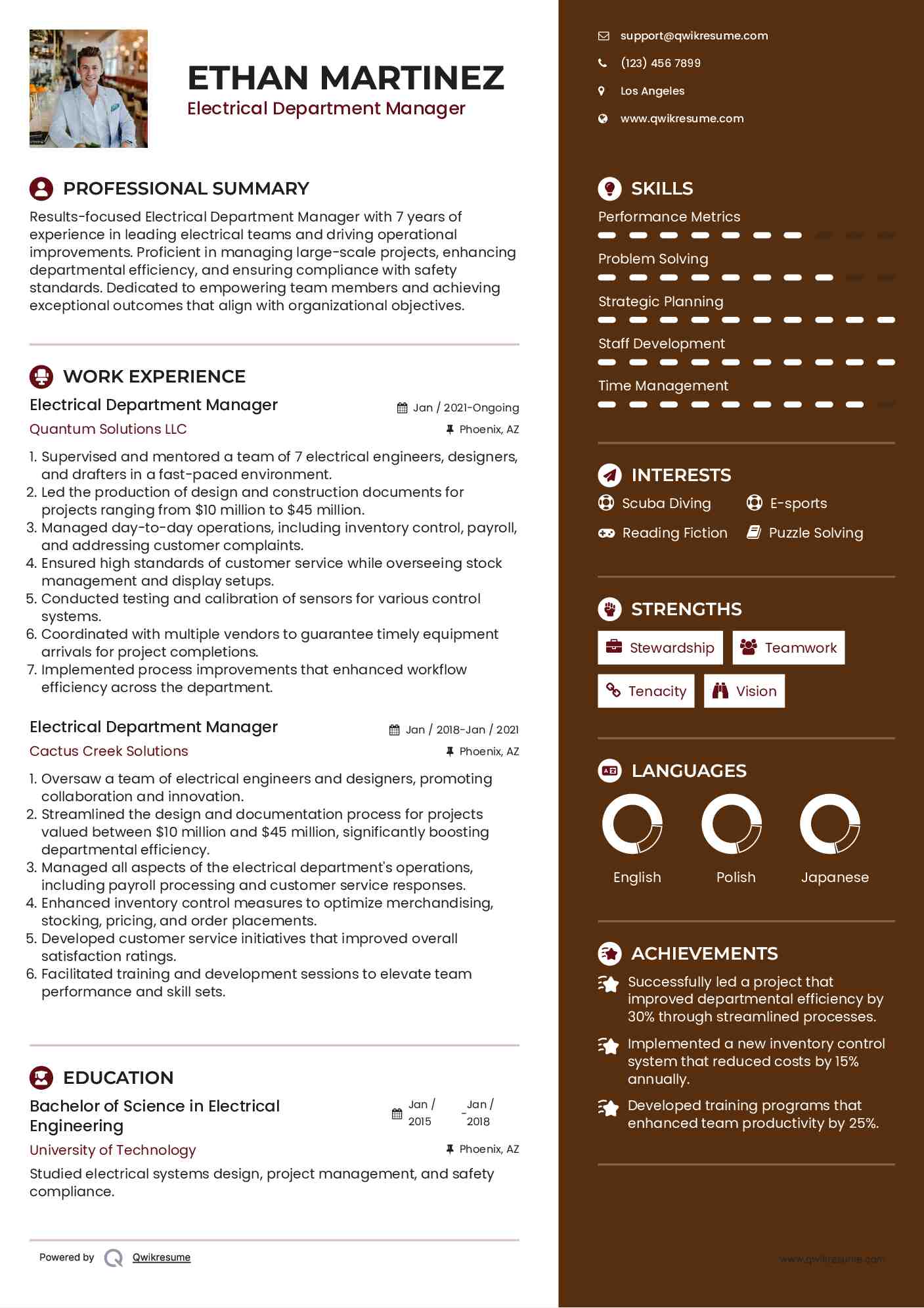 Electrical Department Manager Resume Sample